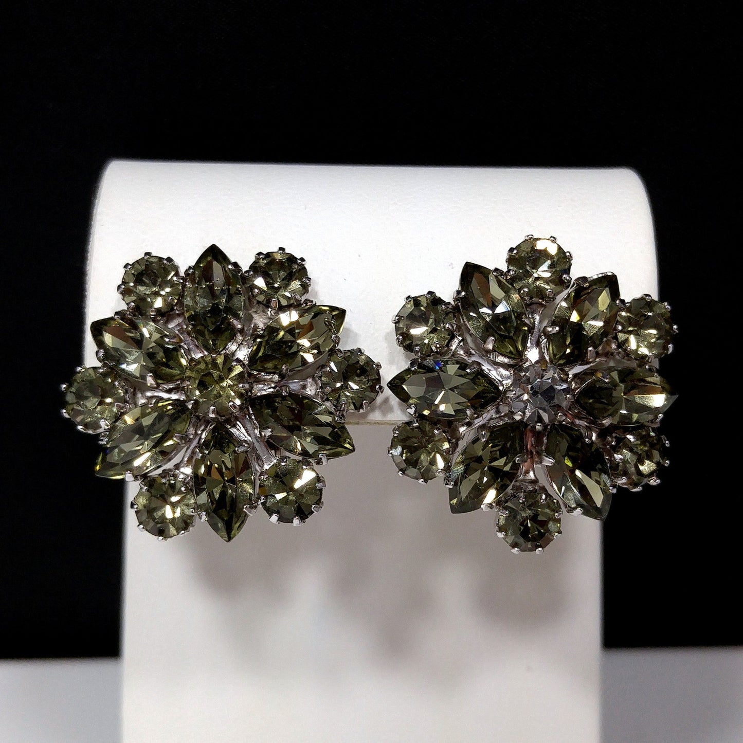 Weiss Dark Green Rhinestone Earrings, Silver Tone, Gold Plated, 1960 Vintage Jewelry