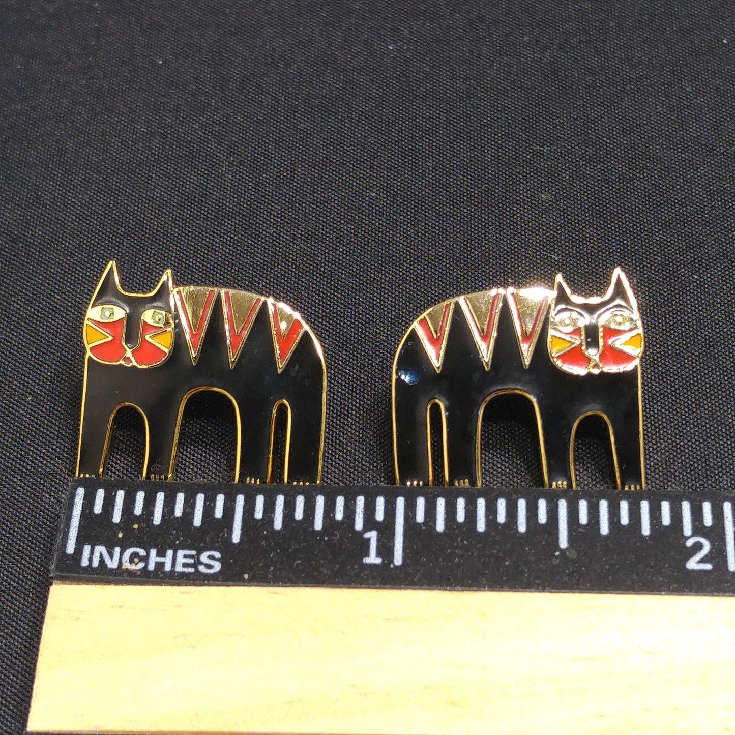Vintage Laurel Burch Black Cat Post Earrings, Black Red Enamel, Gold Plated