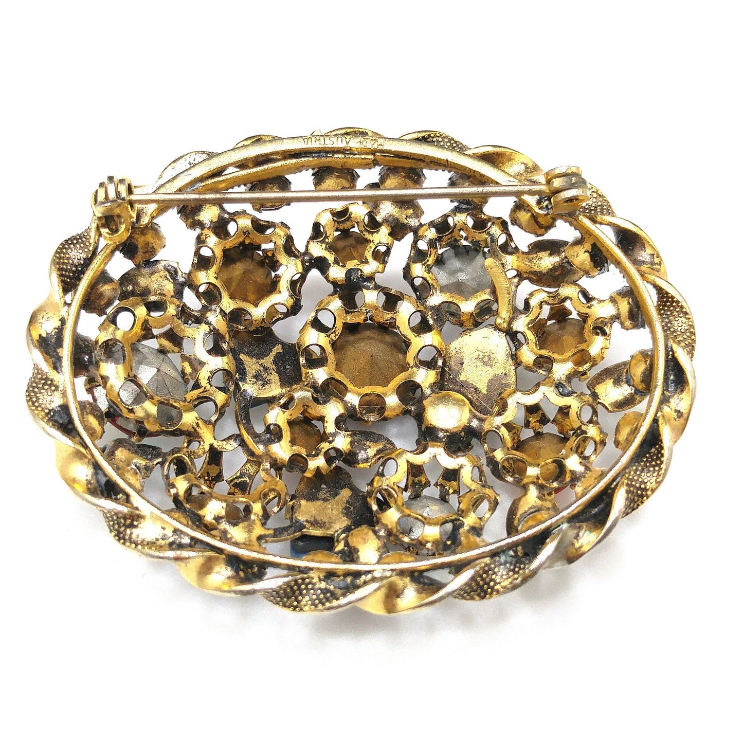 Austria Red Orange Rhinestone Gold Plated Brooch, Metallic Art Glass, 1950s Vintage Jewelry