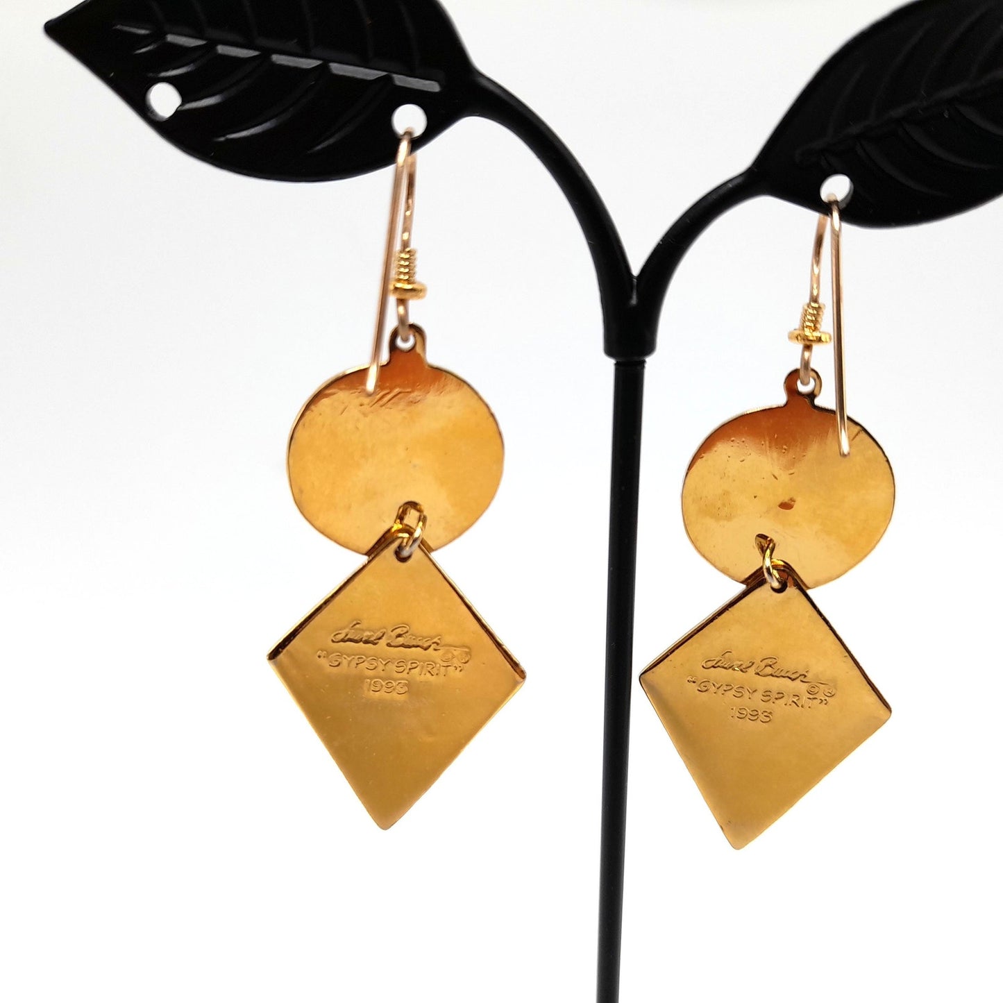 Laurel Burch "Gypsy Spirit 1993" Long Earrings, Gold Plated, GF Ear Wires, 1990s Vintage Jewelry