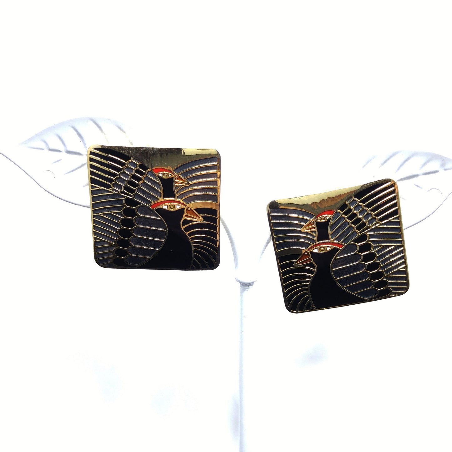 Laurel Burch "Moondoves" Post Earrings, Black Birds, Gold Plated, 1980s