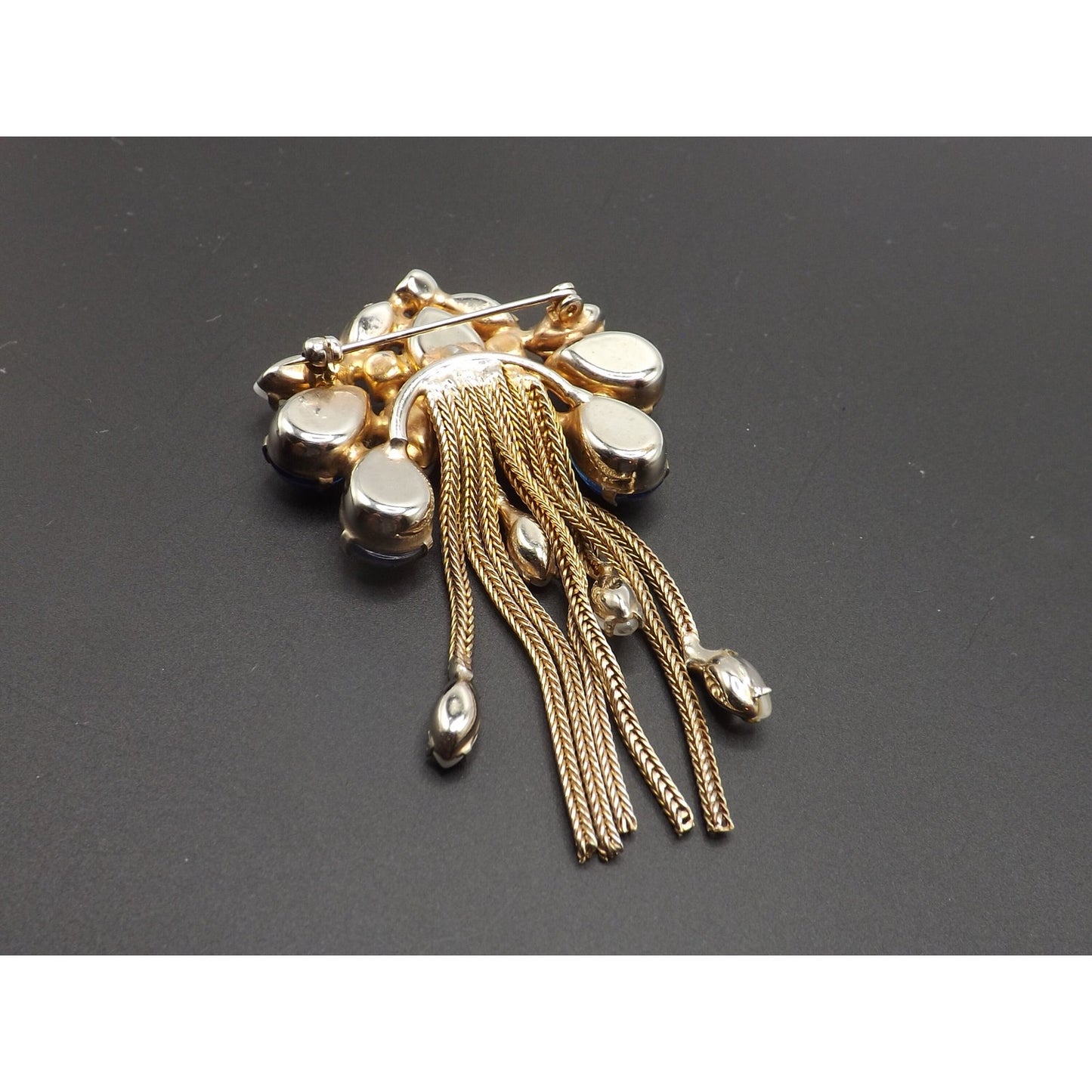 Iridescent Blue Gold Plated Fringe Brooch, White Art Glass Stones, 1960s Vintage Jewelry