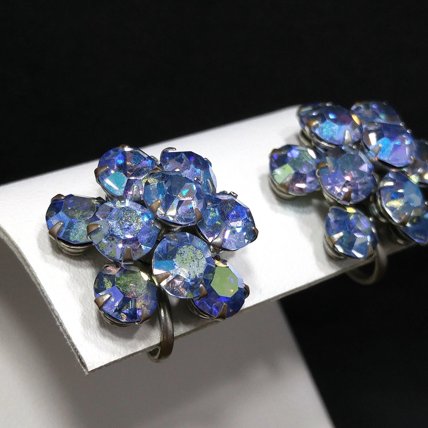 Weiss Blue Aurora Borealis Earrings, Screw Back Gold Plated, 1950s Vintage