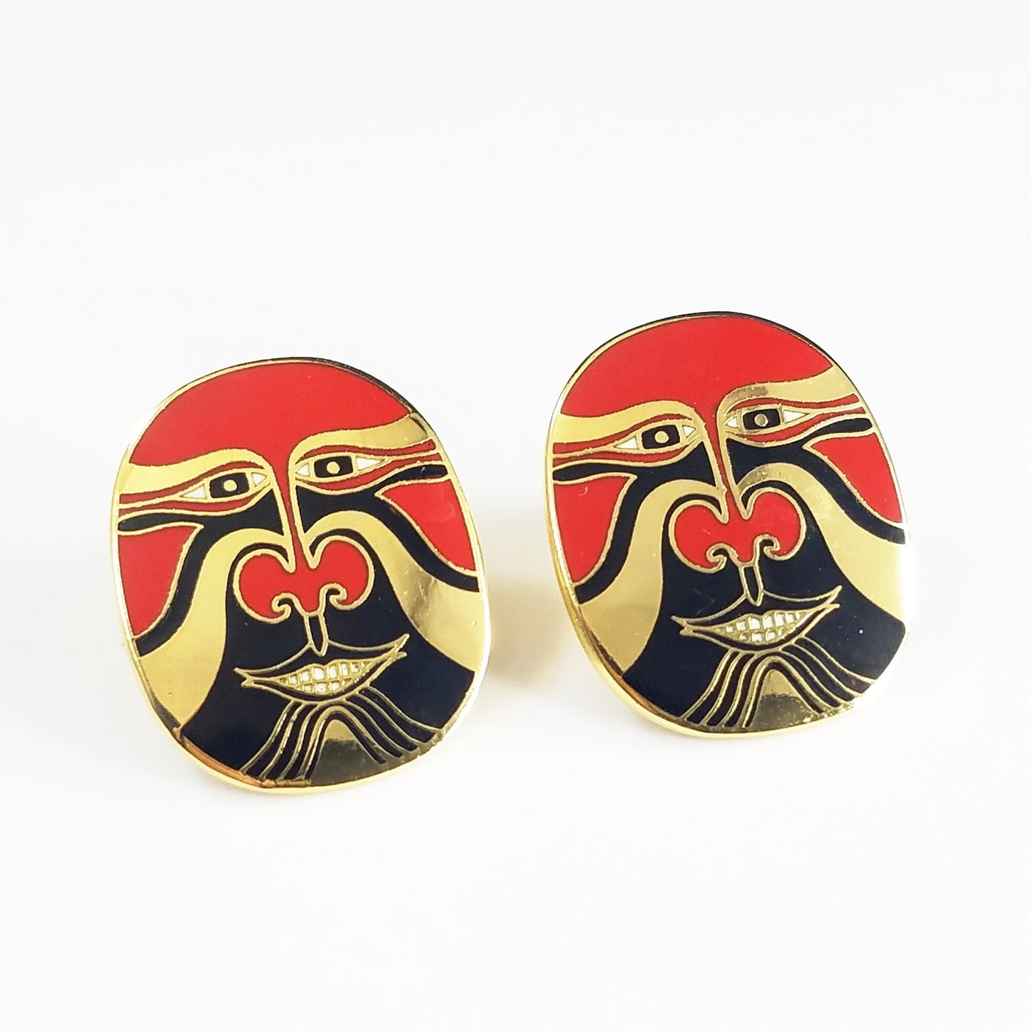 Vintage Laurel Burch "Eiko" Mask Earrings, Red Tribal Pierced Earrings, 1990s
