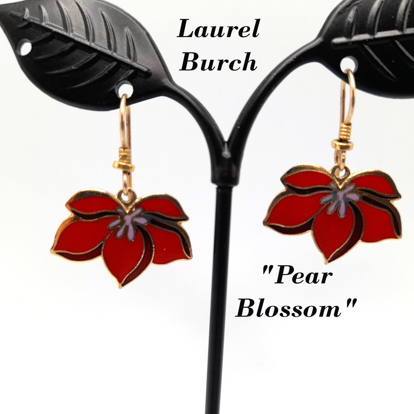 Vintage Laurel Burch "Pear Blossom" Earrings, Gold Plated, Red Enamel