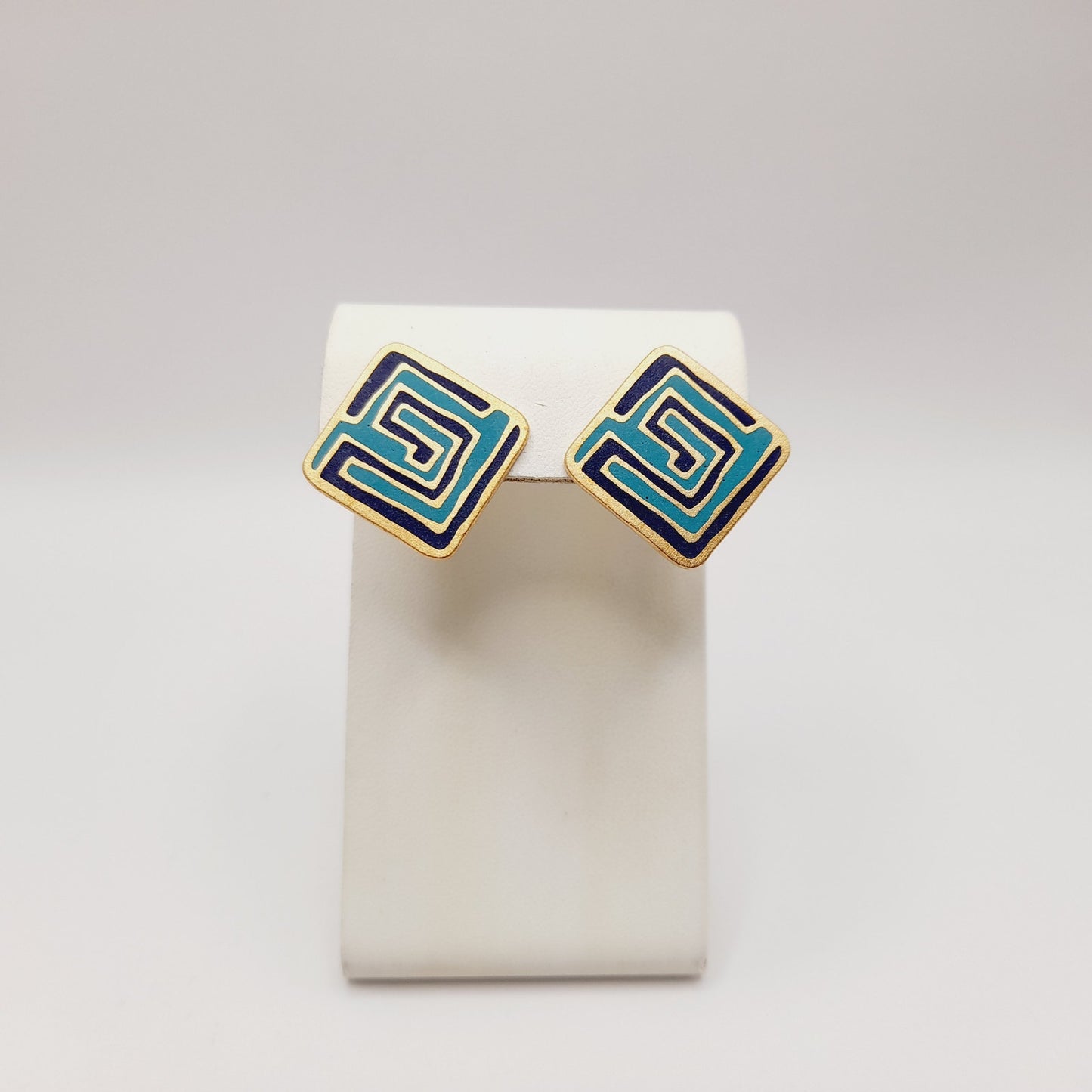 Laurel Burch “Mystery” Earrings – Vintage Enamel Geometric Post Earrings, Signed