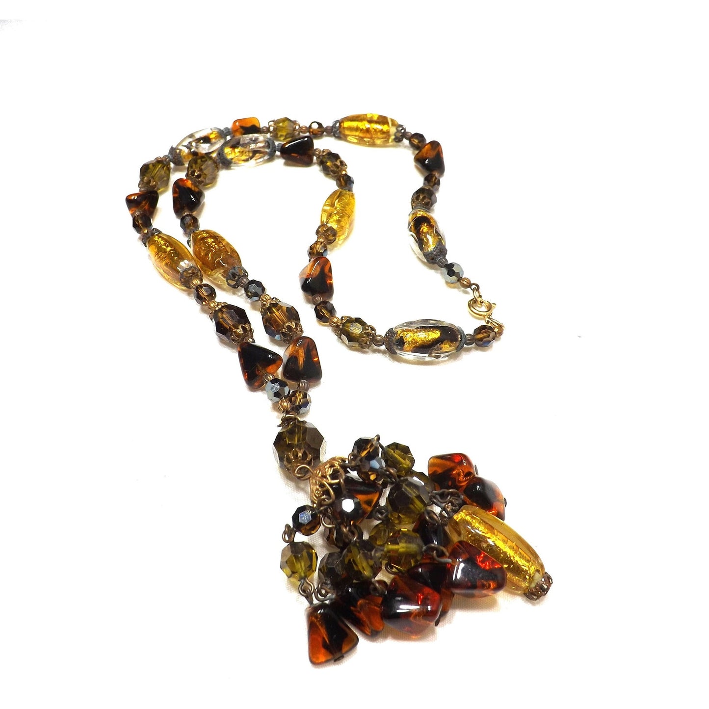 Gold Foil Art Glass Autumn Beaded Necklace, Multi-strand Tassel, 1970s Vintage Jewelry
