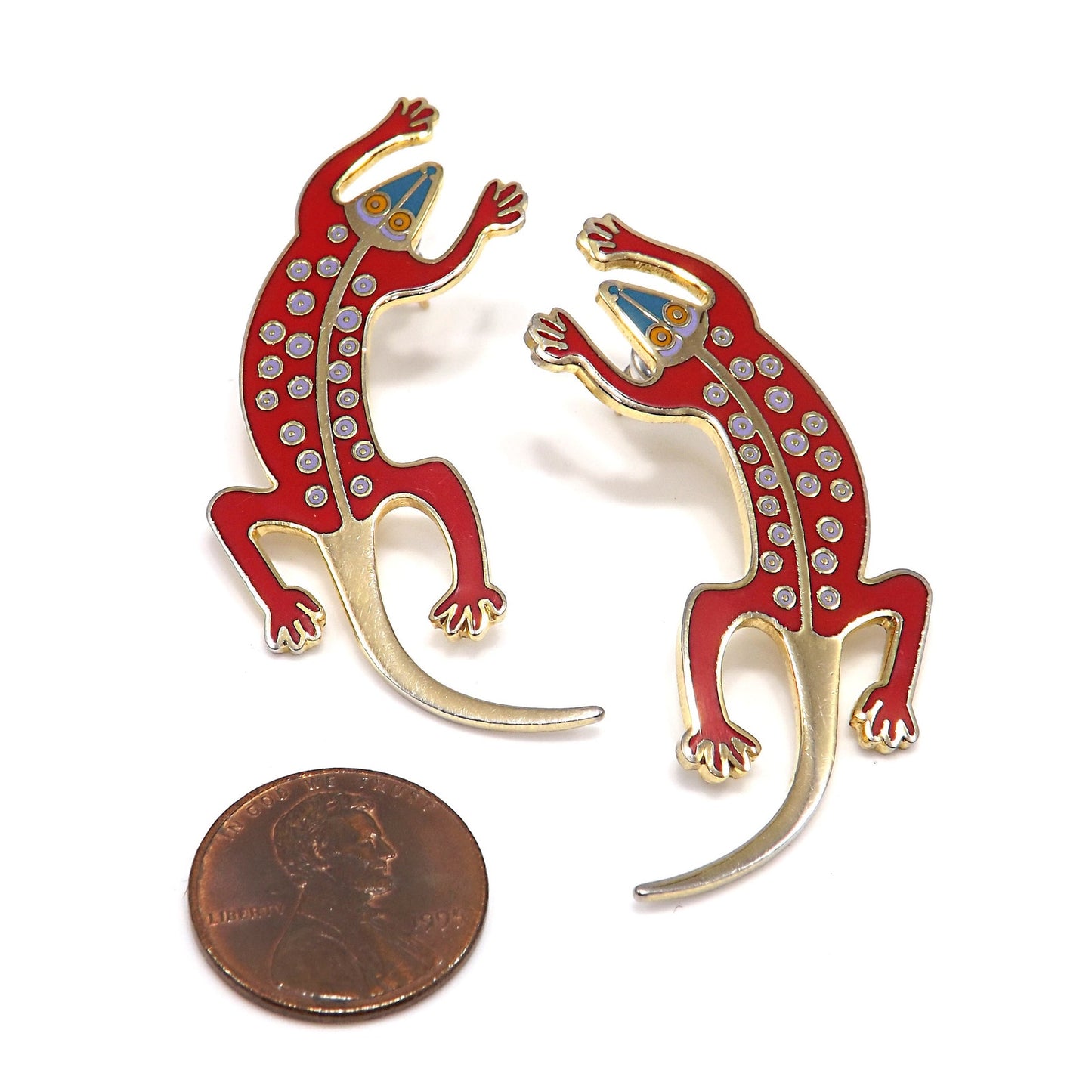 Vintage Laurel Burch Red Enamel "Lizard" Earrings, Gold Filled Posts, 1980s