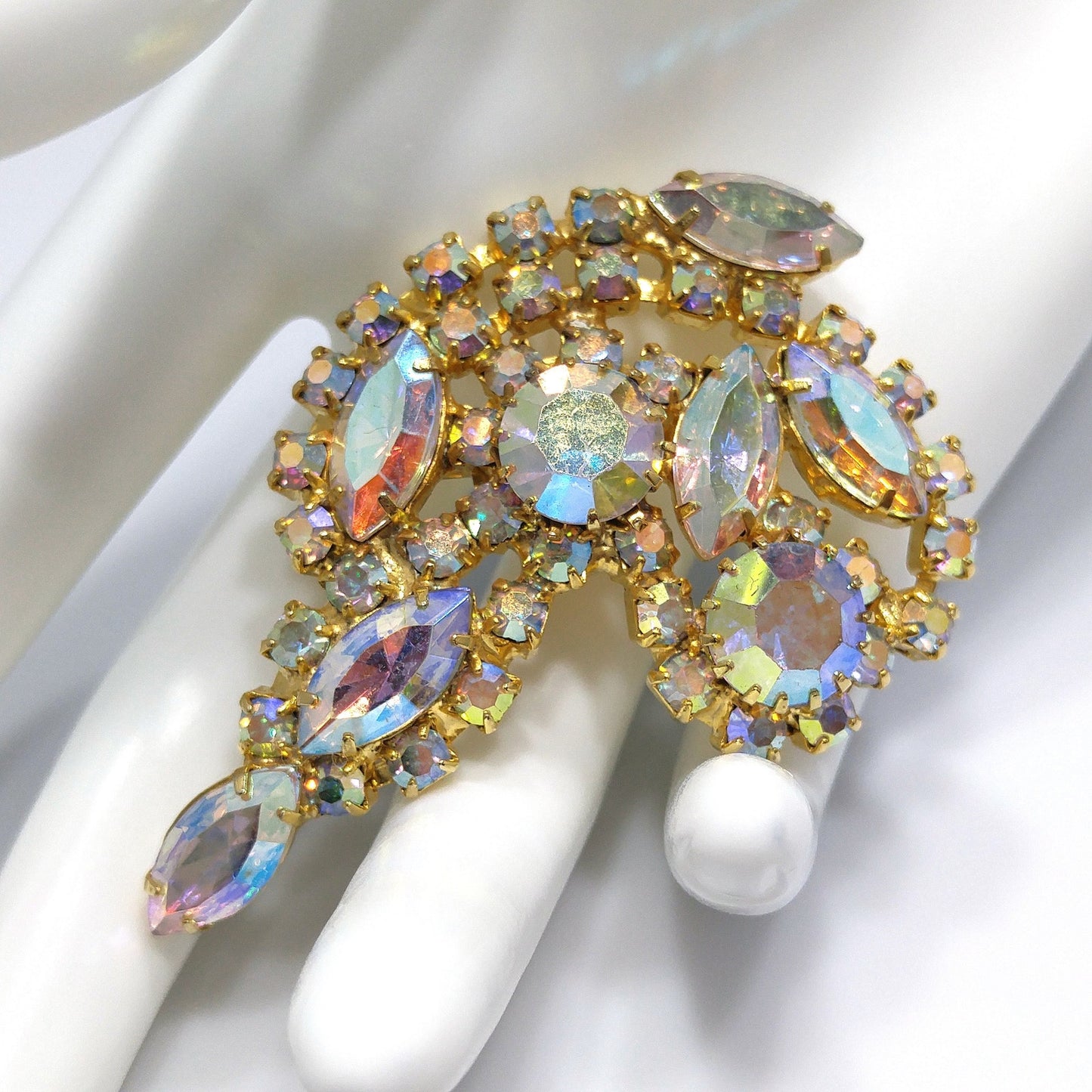 Aurora Borealis Rhinestone Brooch, Gold Plated, AB Clear Rhinestones, 1960s Vintage Jewelry