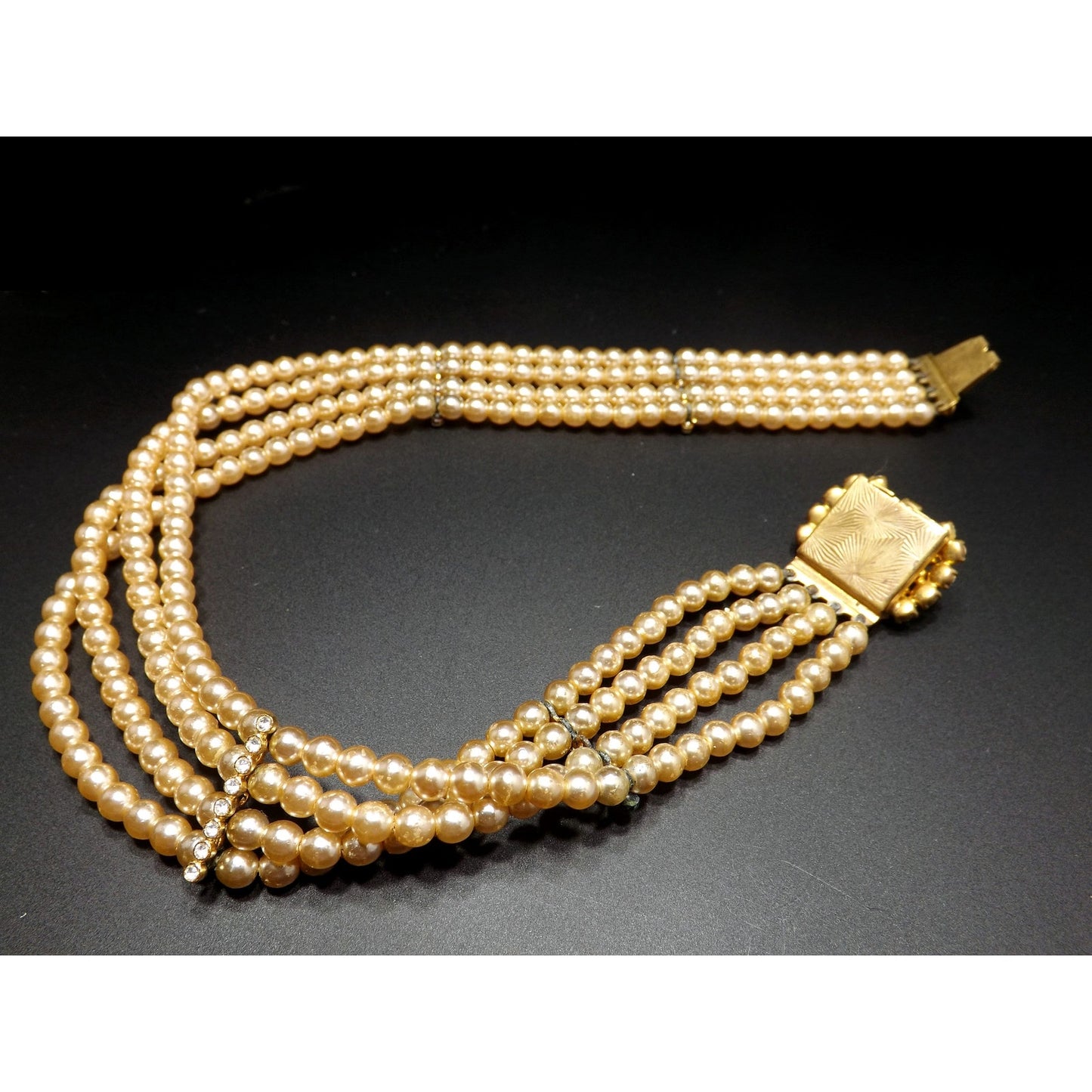 Blue Rhinestone Faux Pearl Collar Necklace, Three Strands, 14 Inches, 1950 Vintage Jewelry