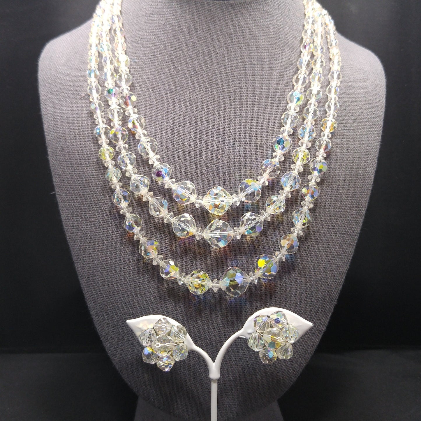 AB Crystal Beaded Necklace Earrings Set, Clear Aurora Borealis Beads, 1950s Vintage Jewelry