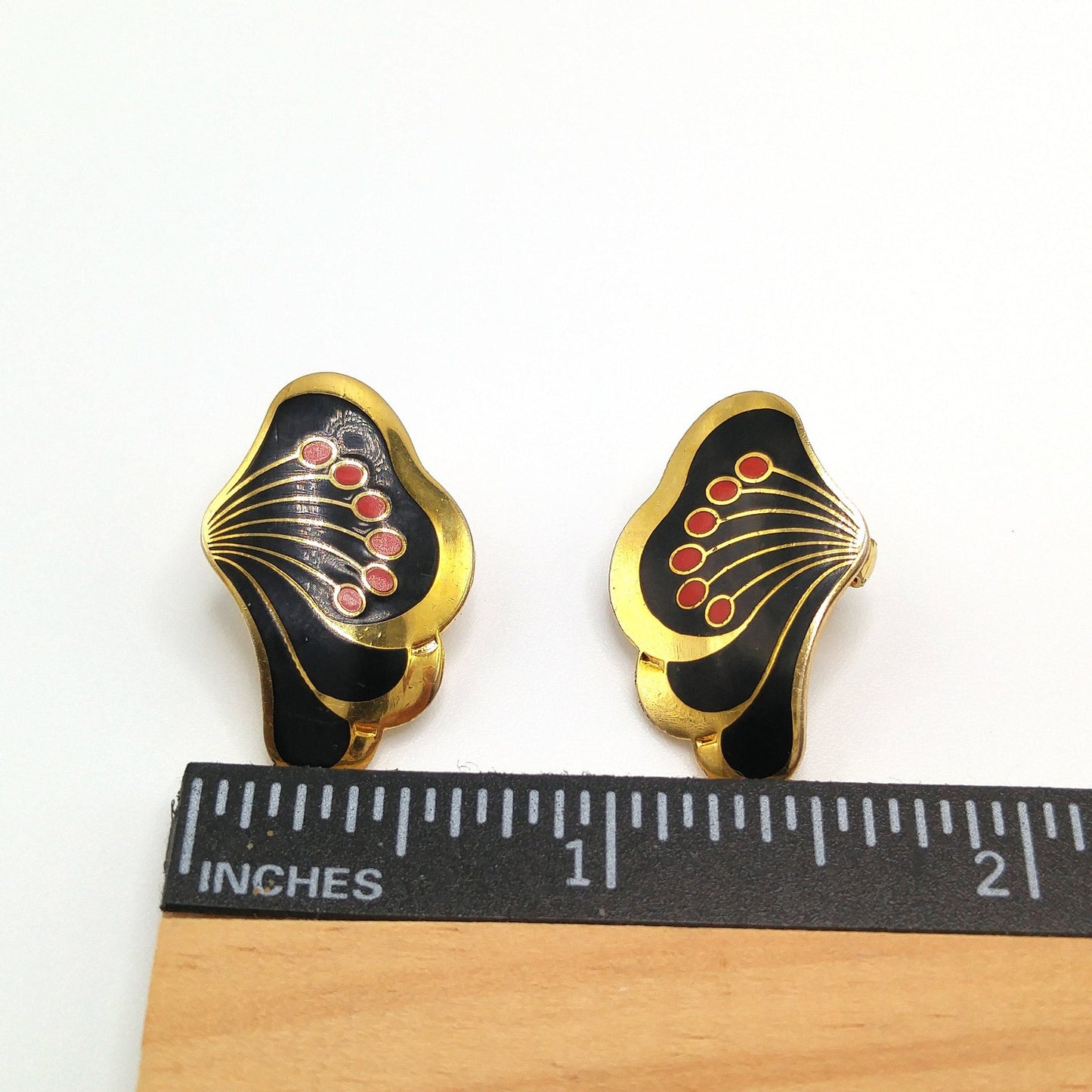 Laurel Burch "Le Fleur" Clip Earrings, Black Red Enamel, Gold Plated, 1980s