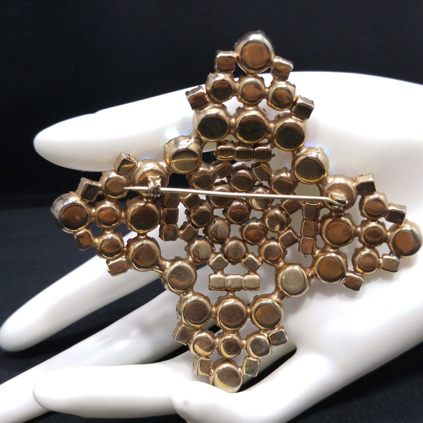 Topaz Glass Rhinestone Large Brooch, Aurora Borealis, 1960s Vintage Jewelry