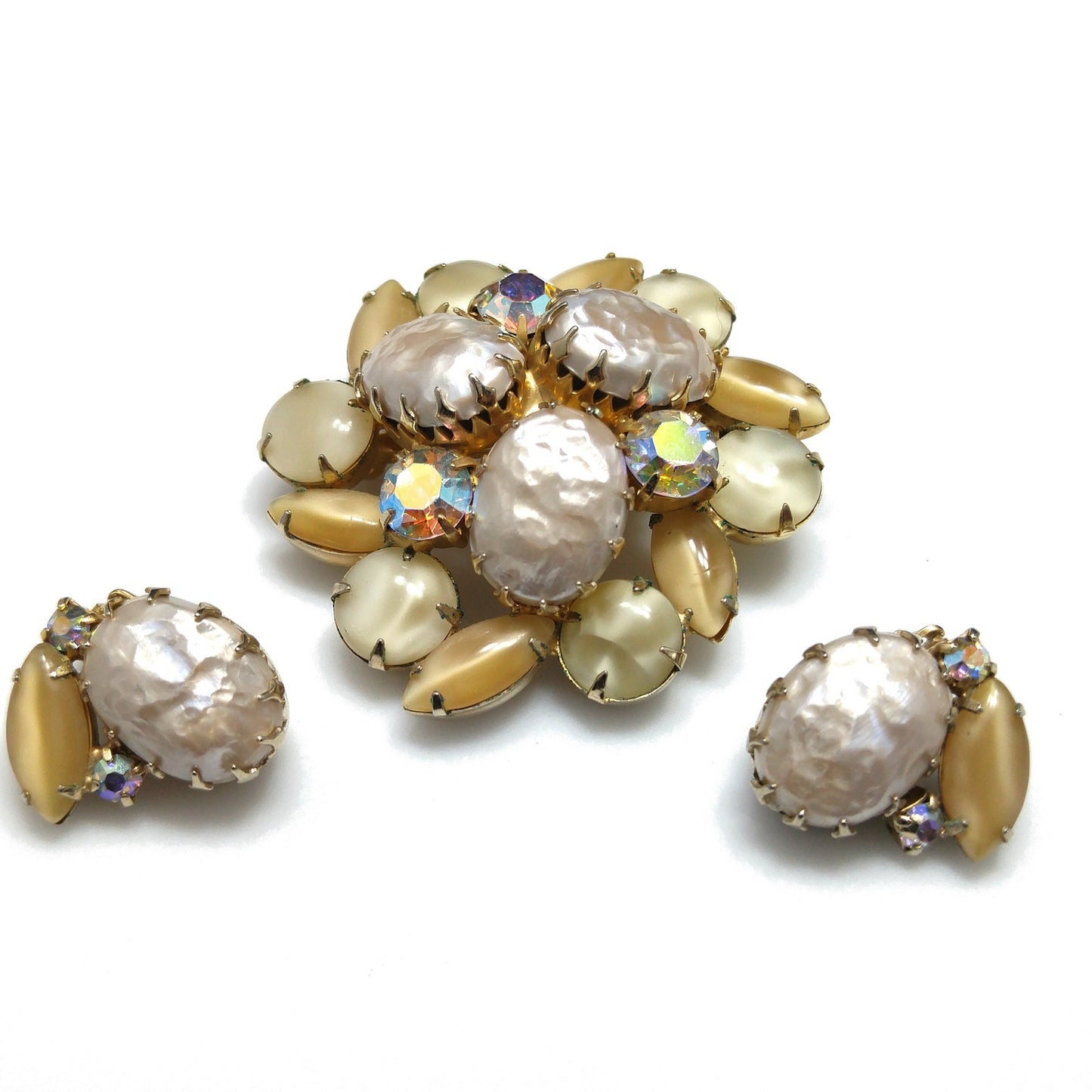 Faux Baroque Pearls AB Rhinestone Brooch Earrings, Gold Plated, 1960s Vintage Jewelry
