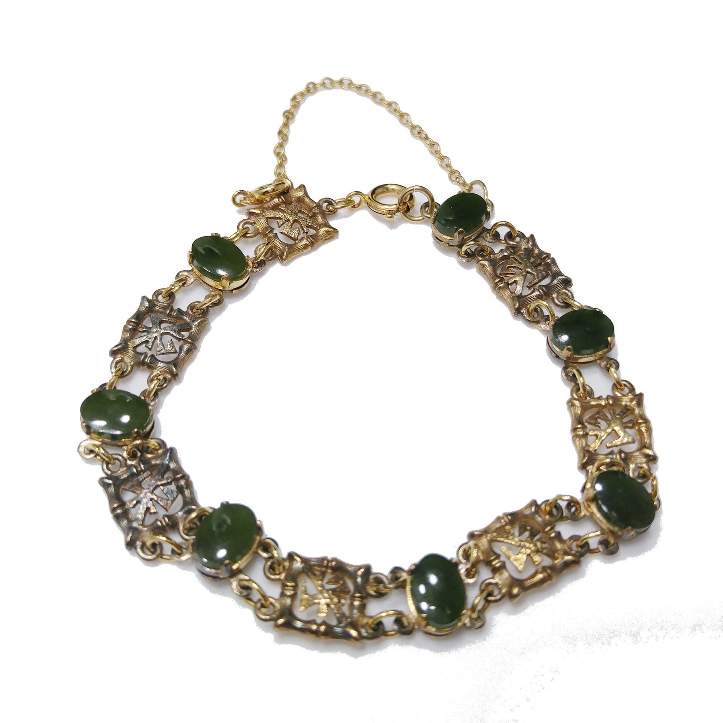 Wells Sterling Chrysoprase Gemstone Bracelet, Mid Century Vintage Asian Bracelet