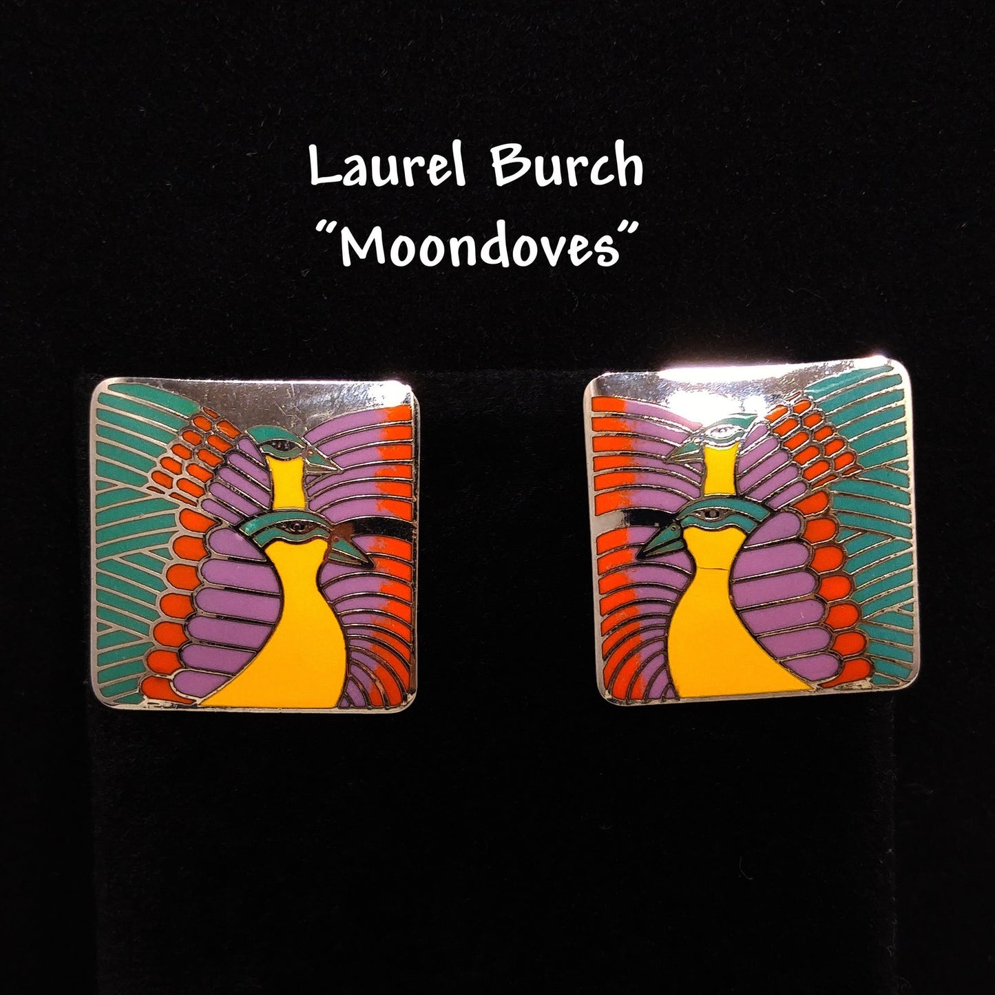 Vintage Laurel Burch "Moondoves" Post Earrings, Rhodium Plated, 1980s