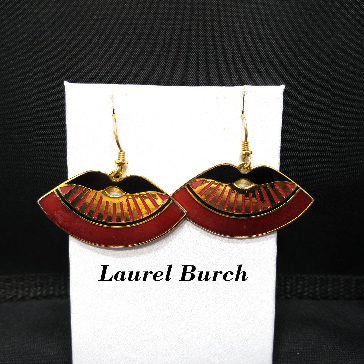 Laurel Burch Metallic Red Fan Earrings, Cloisonne Gold Plate Enamel, 1980s Vintage Jewelry