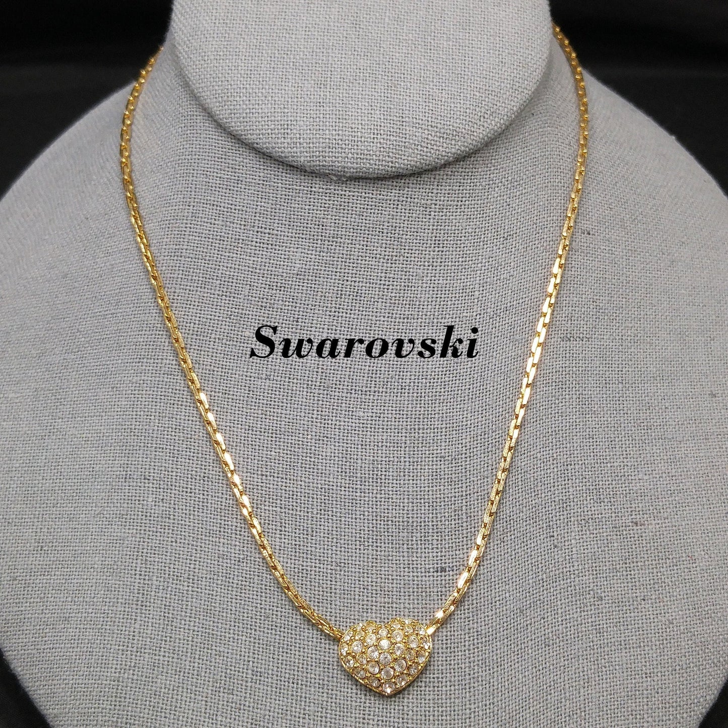 Swarovski Swan Logo Heart Necklace, Pavé Rhinestones, Gold Plated, 1990s Vintage