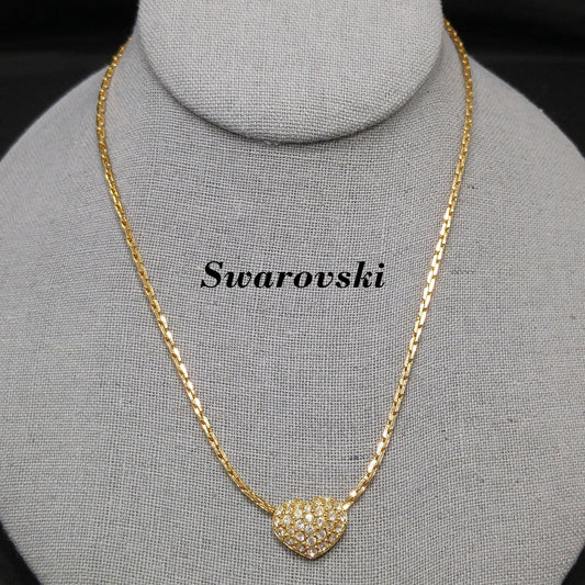 Swarovski Swan Logo Heart Necklace, Pavé Rhinestones, Gold Plated, 1990s Vintage