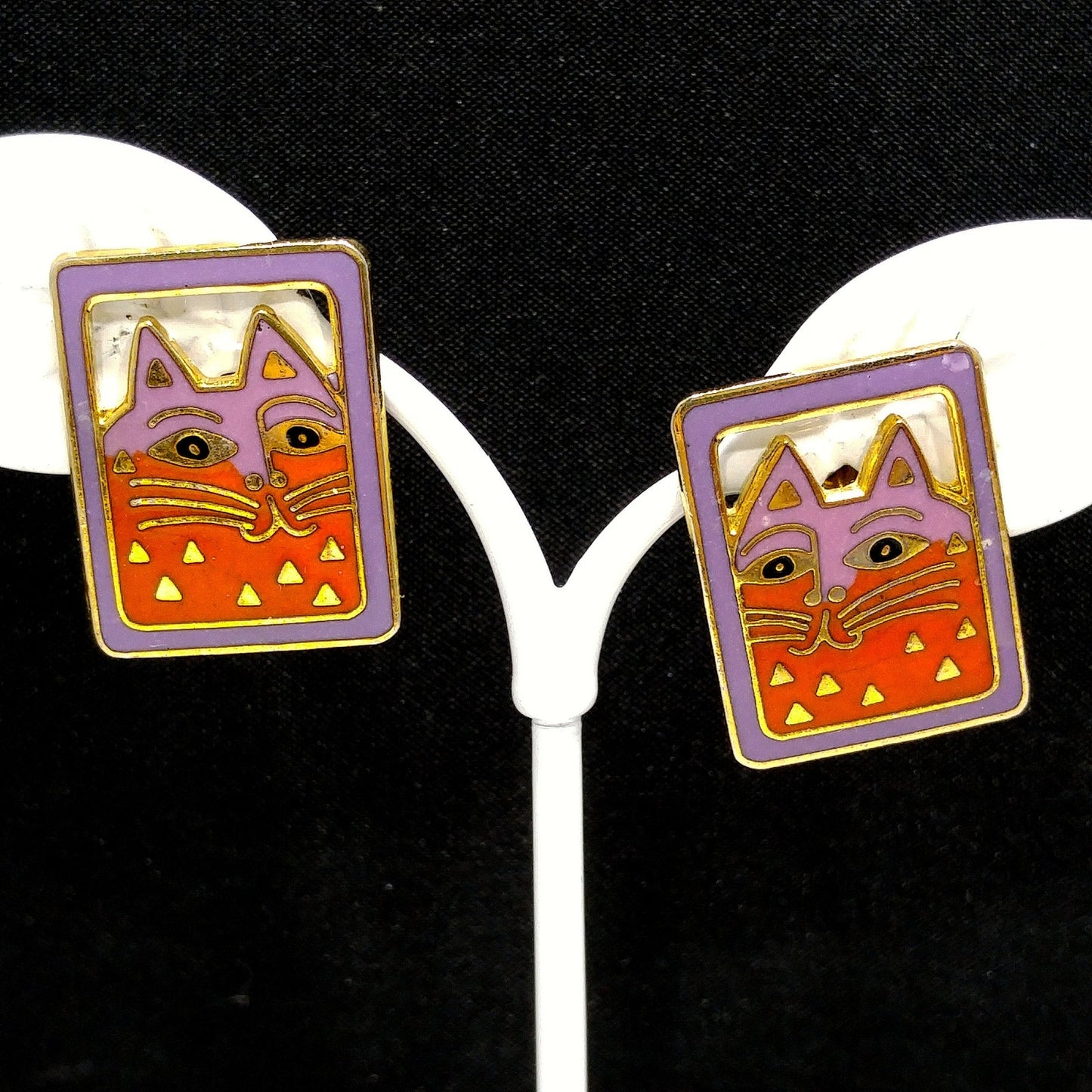 Vintage Laurel Burch "Mallory's Cat" Post Earrings, Gold Plated, Cloisonne