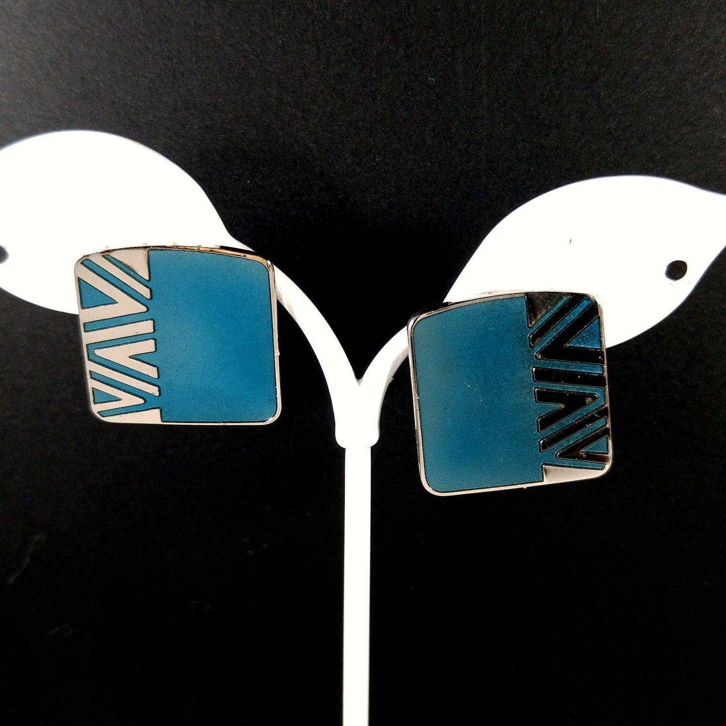 Vintage Laurel Burch Geometric Naito Blue Post Earrings, Rhodium Plated, 1980s