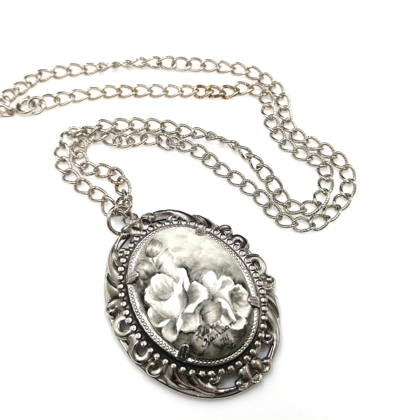 Hand Painted Monochrome Flower Pendant Necklace, Signed & Dated, 1970s Vintage Jewelry