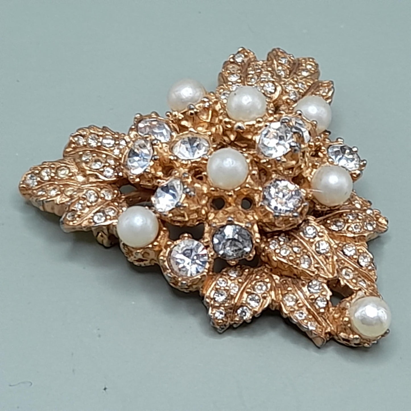 Vintage Hattie Carnegie Brooch, Faux Pearls, Pave Larger Rhinestones, Gold Plated, 1950s