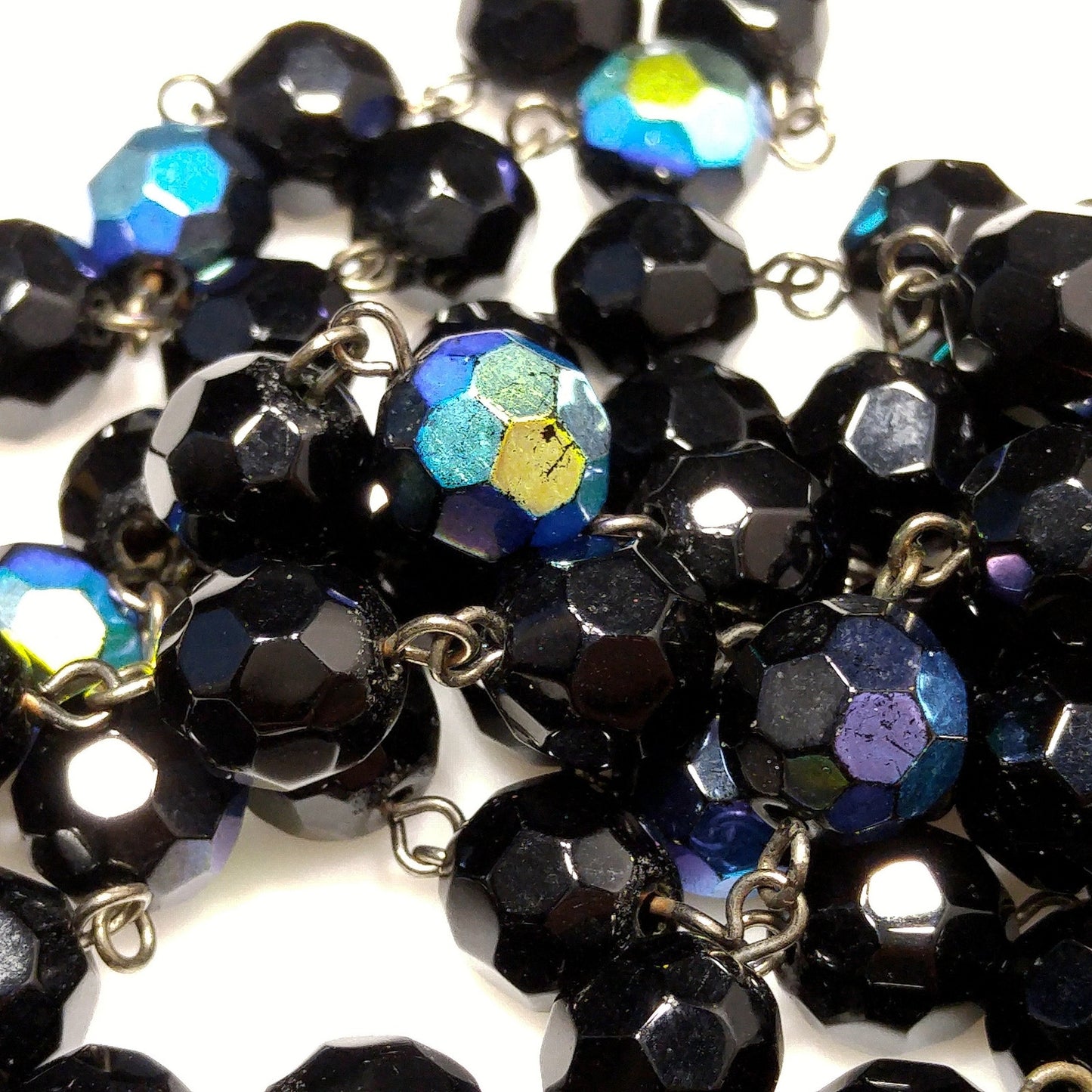 Long Black Crystal Beaded Necklace, Aurora Borealis, No Clasp, 1970s Vintage Jewelry