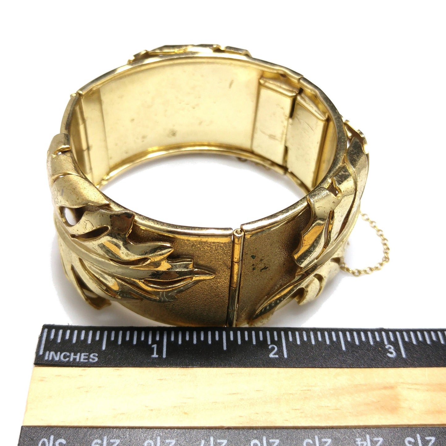 Whiting & Davis Gold Plated Leaf Bracelet, Hinged Wide Clamper, 1950s Vintage Jewelry