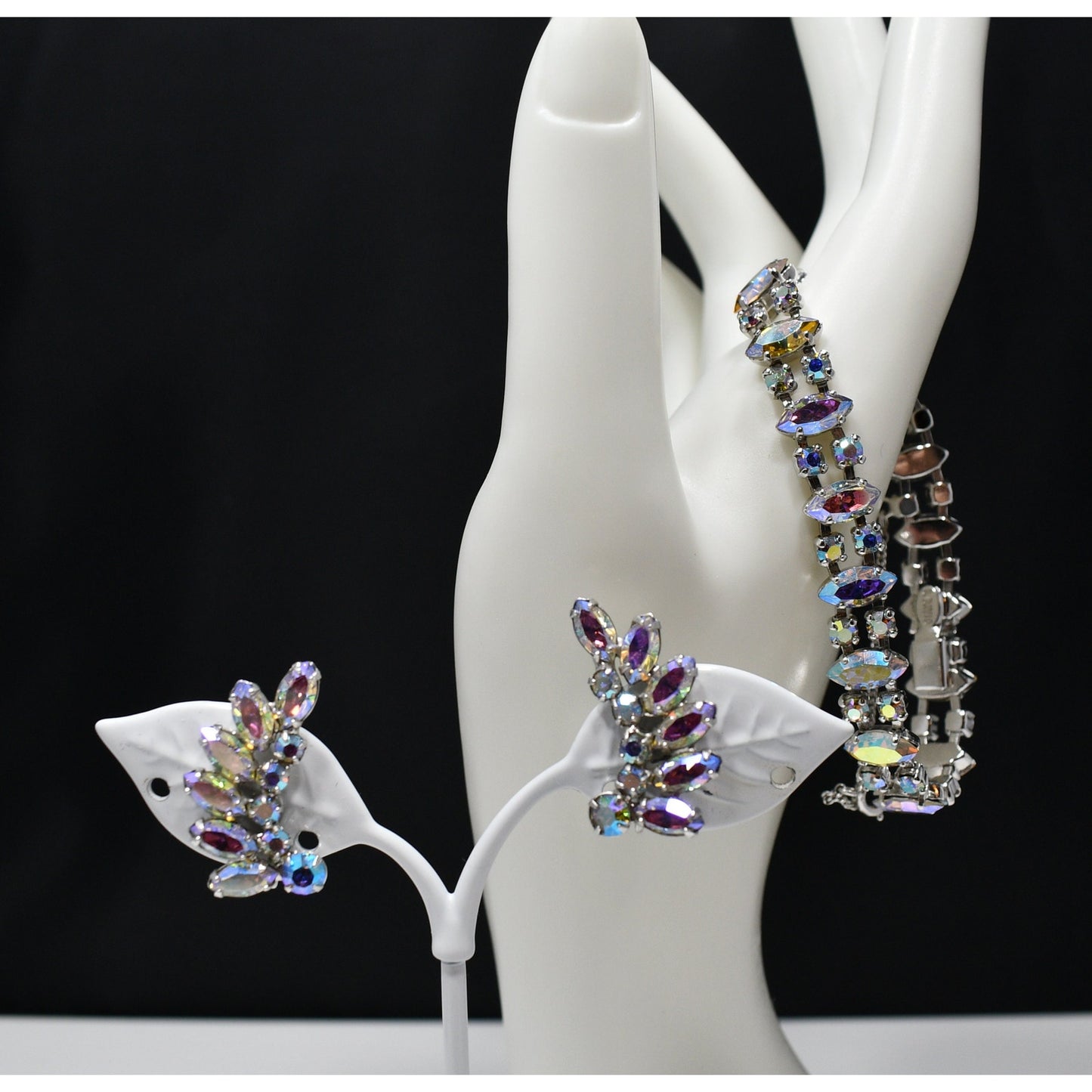 B. David Rhinestone Bracelet & Earrings Set, AB Crystals, Screw Back Earrings, 1950s