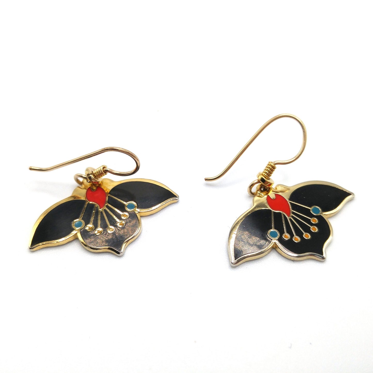 Vintage Laurel Burch "Desert Flower" Earrings, Black Red Enamel, Gold Plated, 1980s