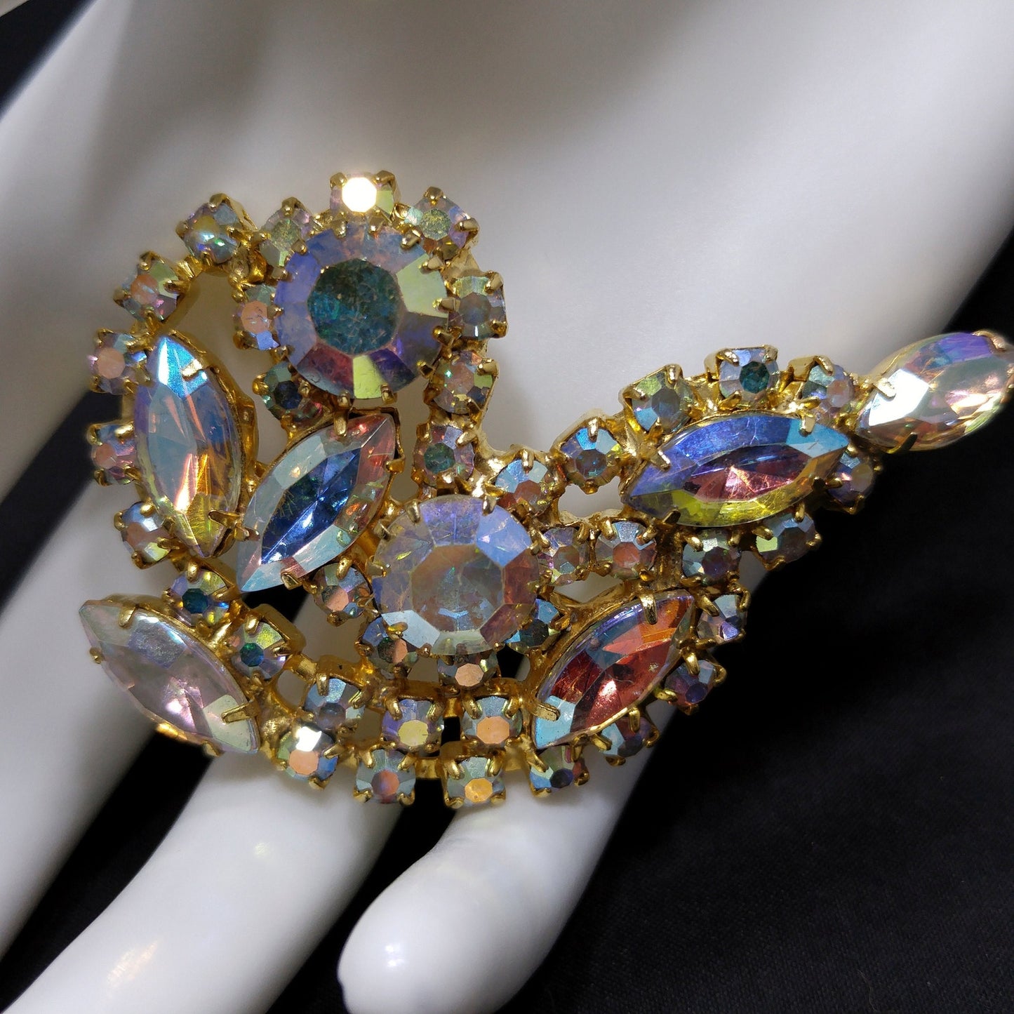 Aurora Borealis Rhinestone Brooch, Gold Plated, AB Clear Rhinestones, 1960s Vintage Jewelry