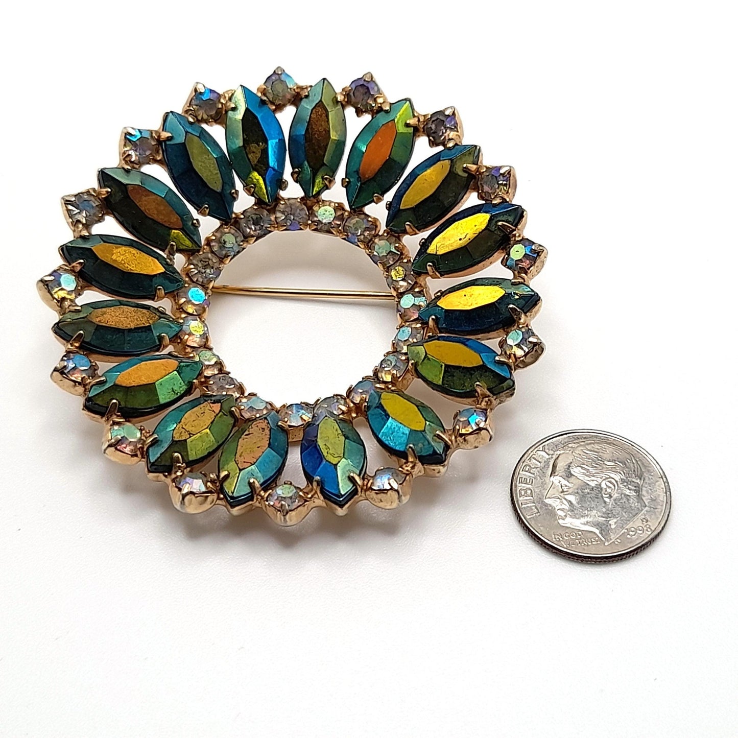 Vintage Weiss Fire Polished Rhinestone Wreath Brooch, Gold Plated, 2 1/4 Inches