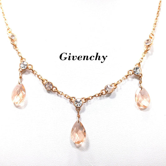 Givenchy Rose Gold Crystal Necklace – Three Drop Clear Rhinestones – Vintage Jewelry