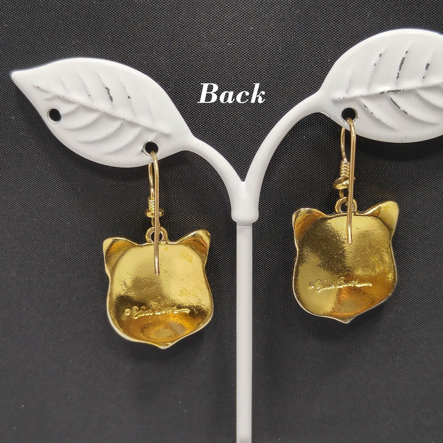 Laurel Burch Tiger Face Dangle Earrings, Gold Plated, 1980s Vintage Jewelry