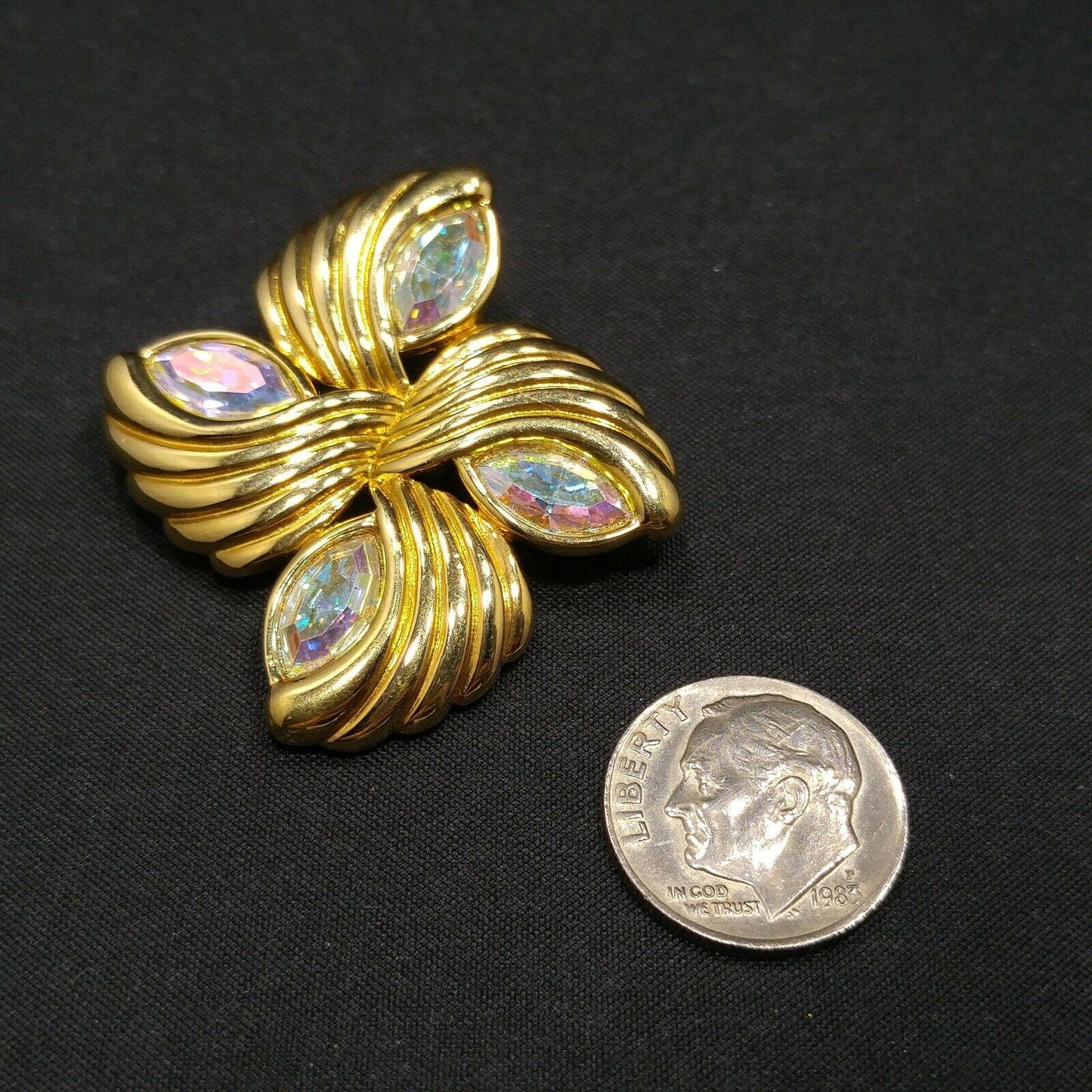Swarovski AB Rhinestone Swirl Brooch, Swan Logo, Gold Plated, 1980s–1990s Vintage