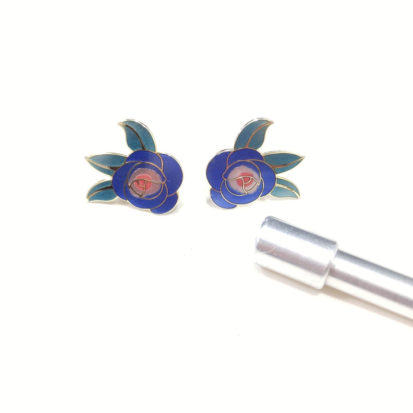 Vintage Laurel Burch Blue "Deco Rose" Post Earrings, 1980s Vintage Jewelry