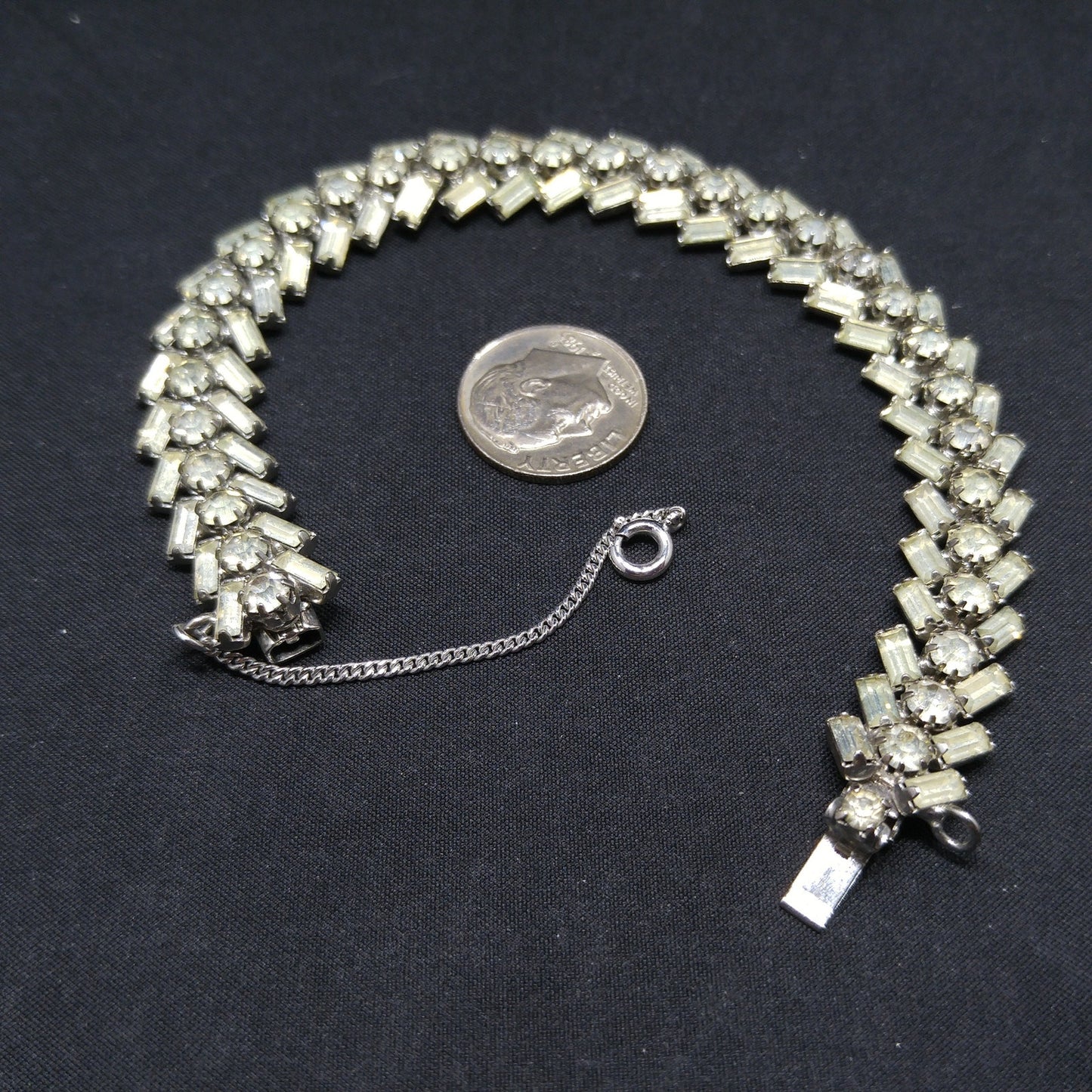 Weiss Clear Rhinestone Bracelet, Rhodium Plating, Safety Chain, 1940s Weiss