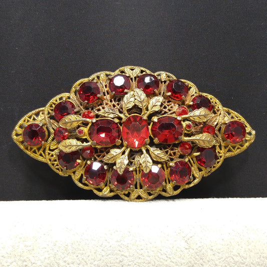 Antique Red Rhinestone Filigree Large Brooch, Wide Floral Sash Shoulder Pin, 1920s Vintage Jewelry