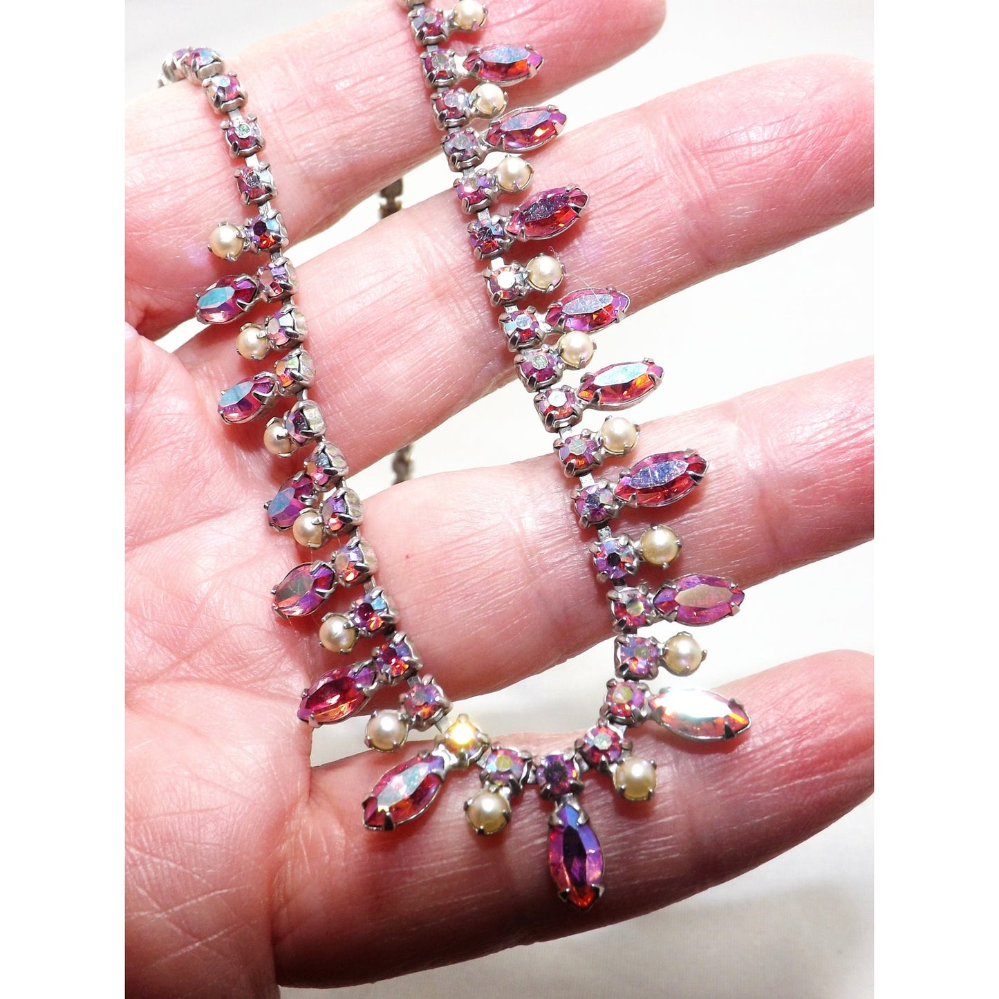 Vintage B. DAVID Pink Red AB Rhinestone Choker Necklace, 1960s, Rhodium Plated