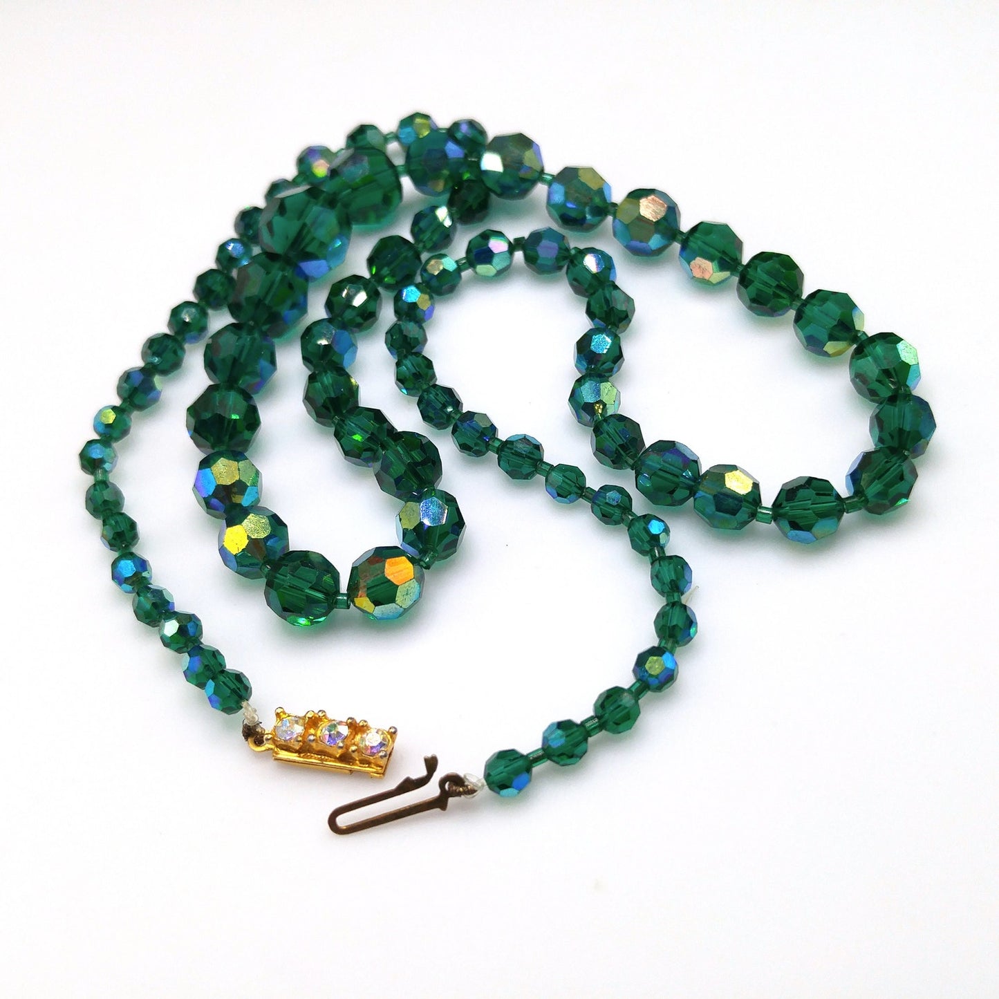 Dark Green Crystal Necklace, Aurora Borealis, Rhinestone Clasp, 1960s Vintage Jewelry