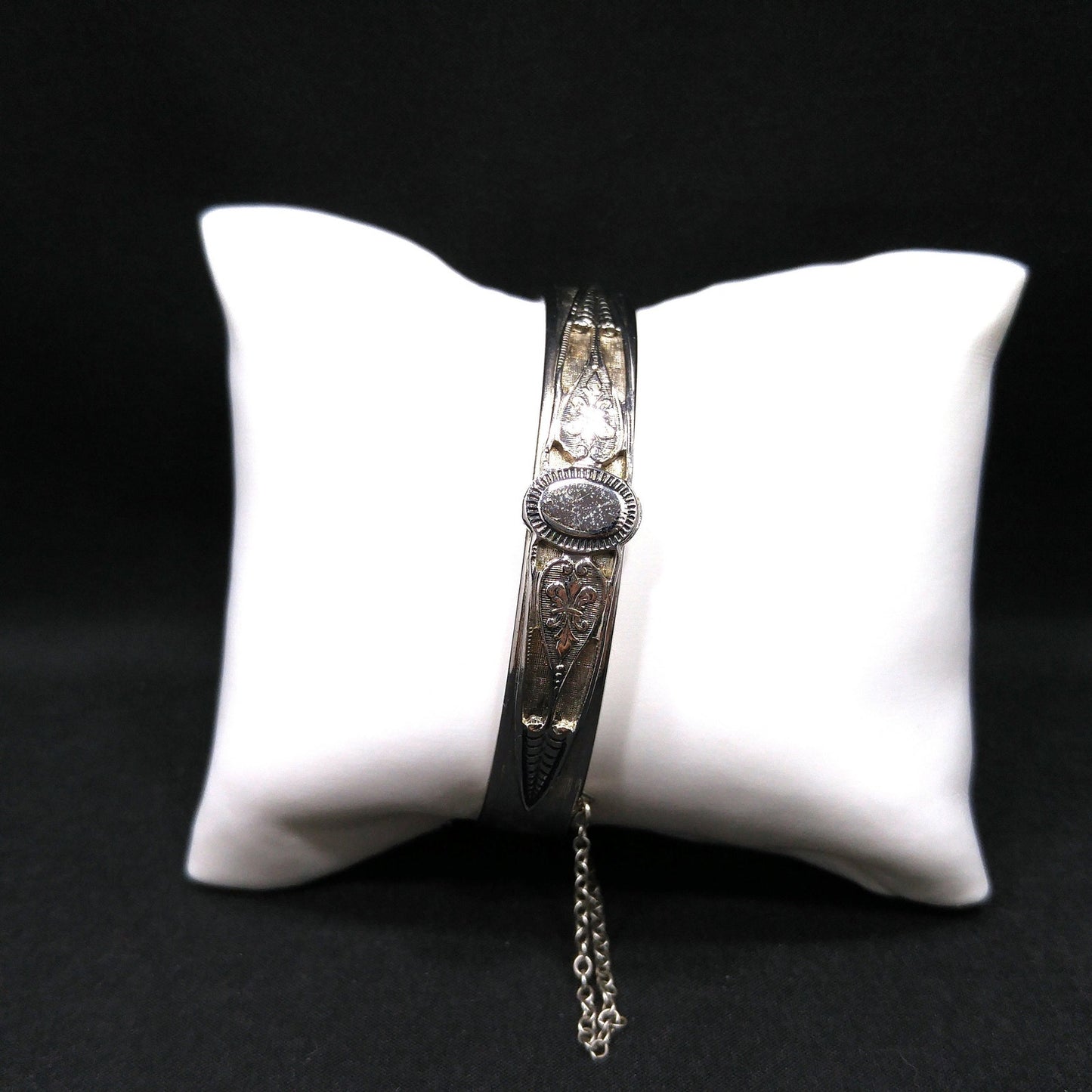 Whiting & Davis Rhodium Plated Hinged Bracelet, Safety Chain, 1960s Vintage Jewelry