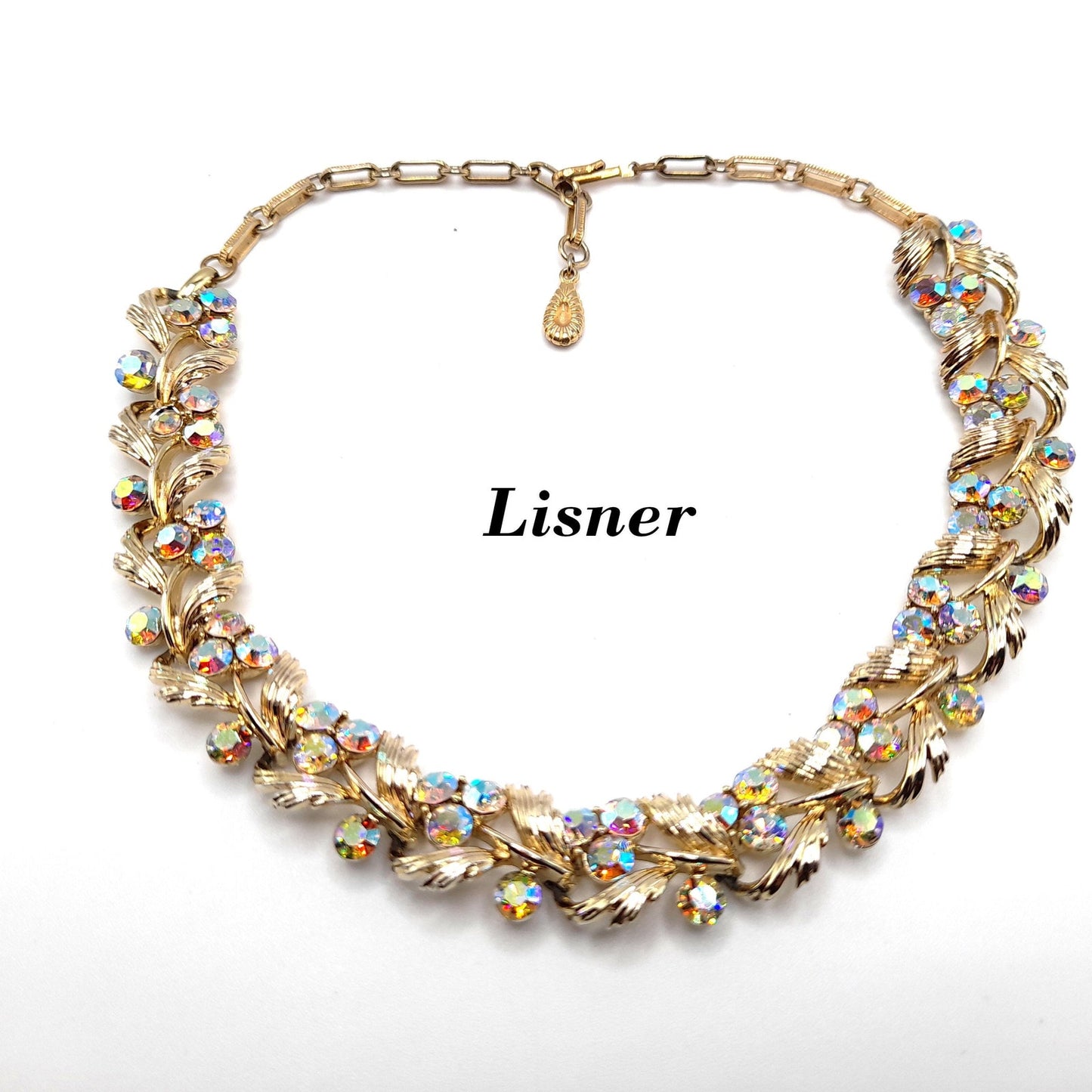 Vintage Lisner Aurora Borealis Rhinestone Choker Necklace, Gold Tone, 1950s