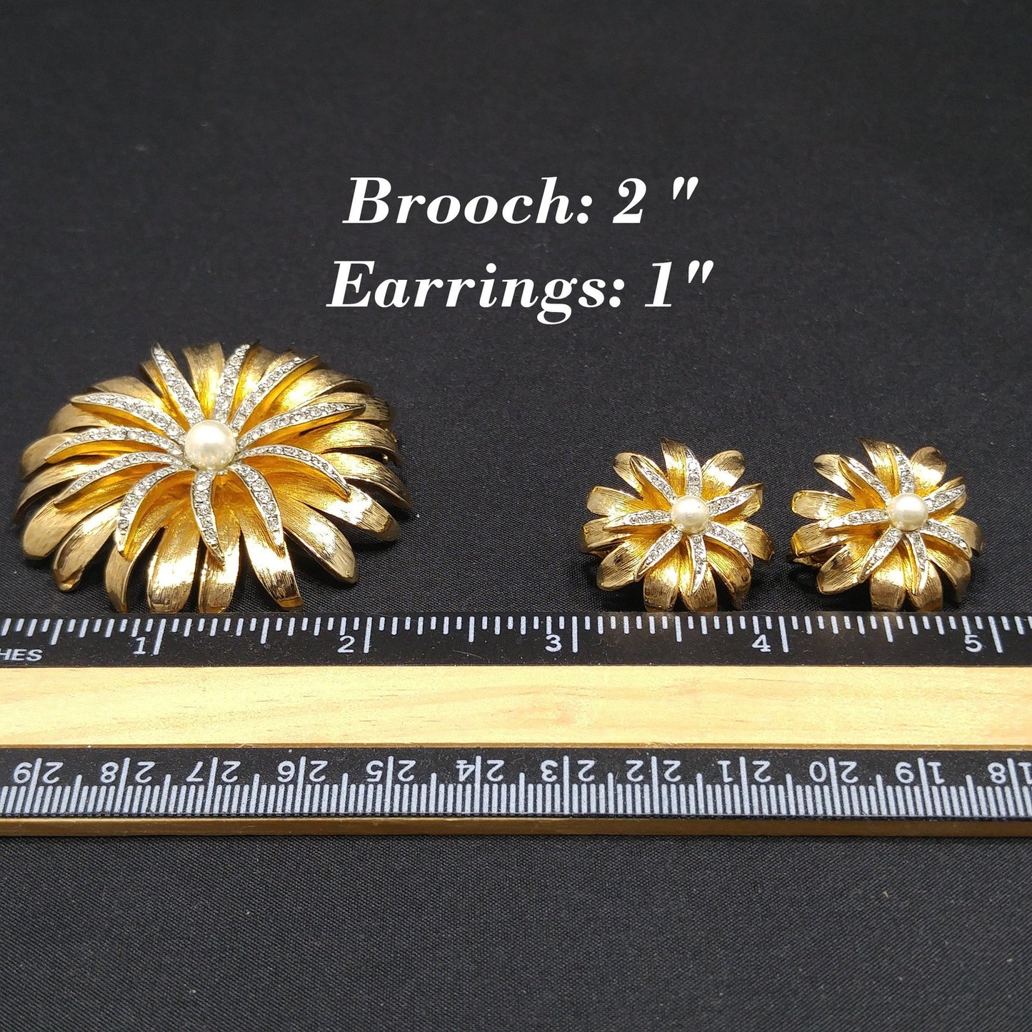 Kramer Floral Rhinestone Brooch & Earrings, Gold Plated, Faux Pearls, 1960s Vintage Jewelry