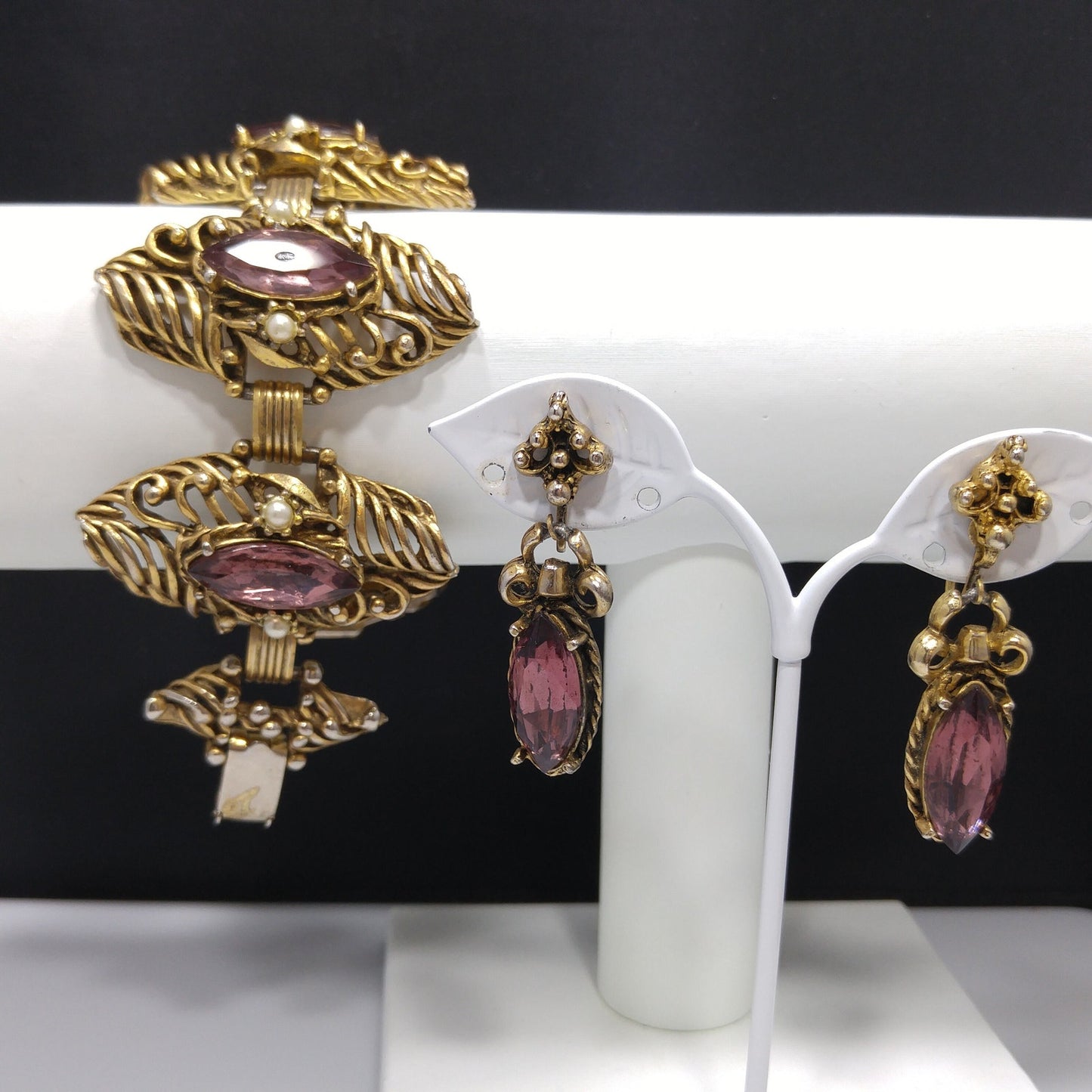 Mid-Century Purple Rhinestone Wide Bracelet Dangle Earrings Set, 1950s Vintage Jewelry