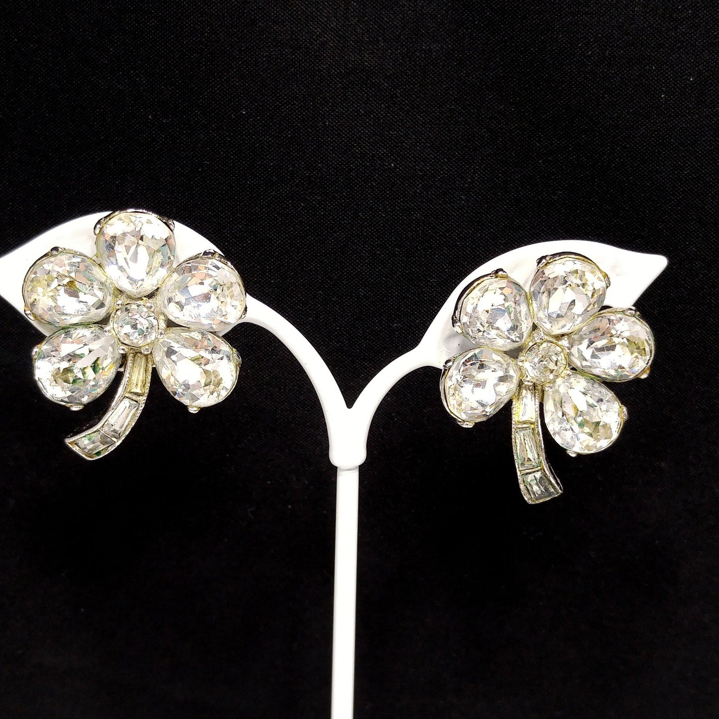 Bogoff Clear Rhinestone Floral Earrings, Rhodium Plated, Wedding Earrings, 1950s Vintage Jewelry
