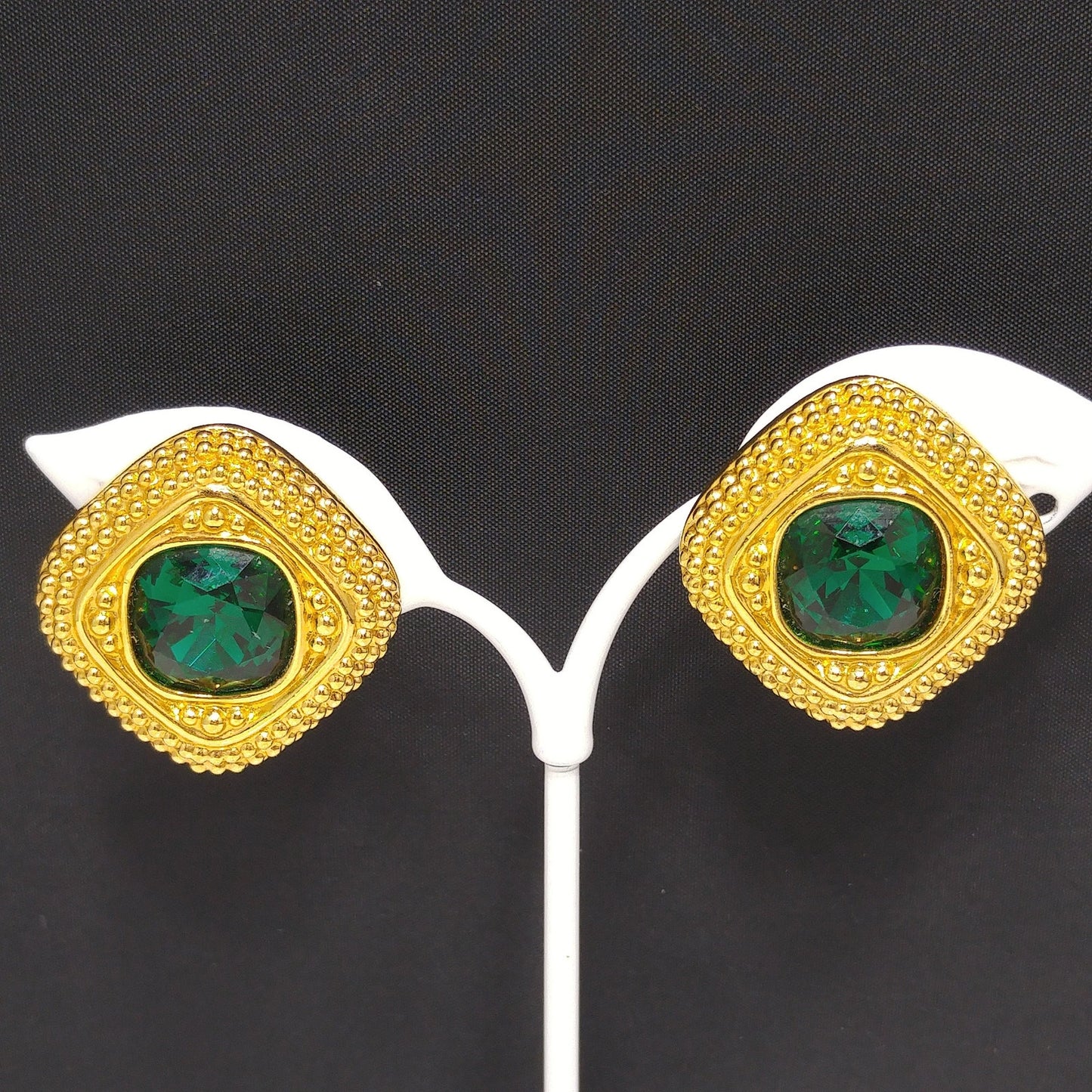 Swarovski Swan Logo Earrings, Emerald Green Crystal, Gold Plated Clip On, 1980s Vintage Jewelry