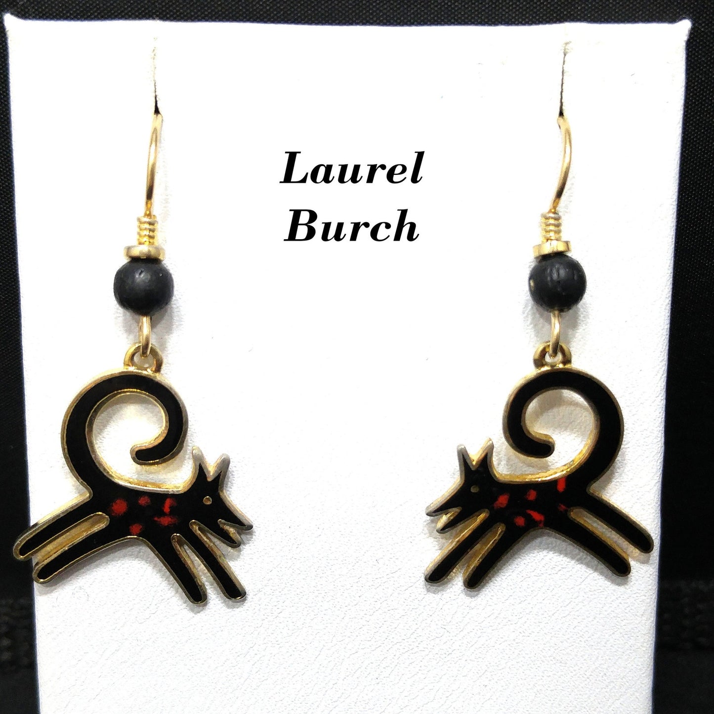 Vintage Laurel Burch Black Dog Earrings, Gold Plated, Cloisonne Enamel