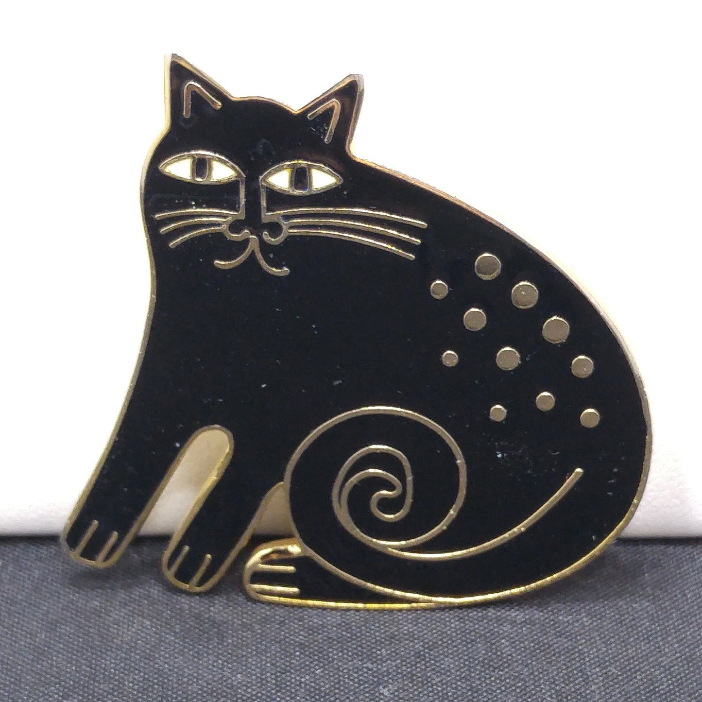 Vintage Laurel Burch Black "Keshire Cat" Brooch, Gold Plate, Black Enamel, 1980s