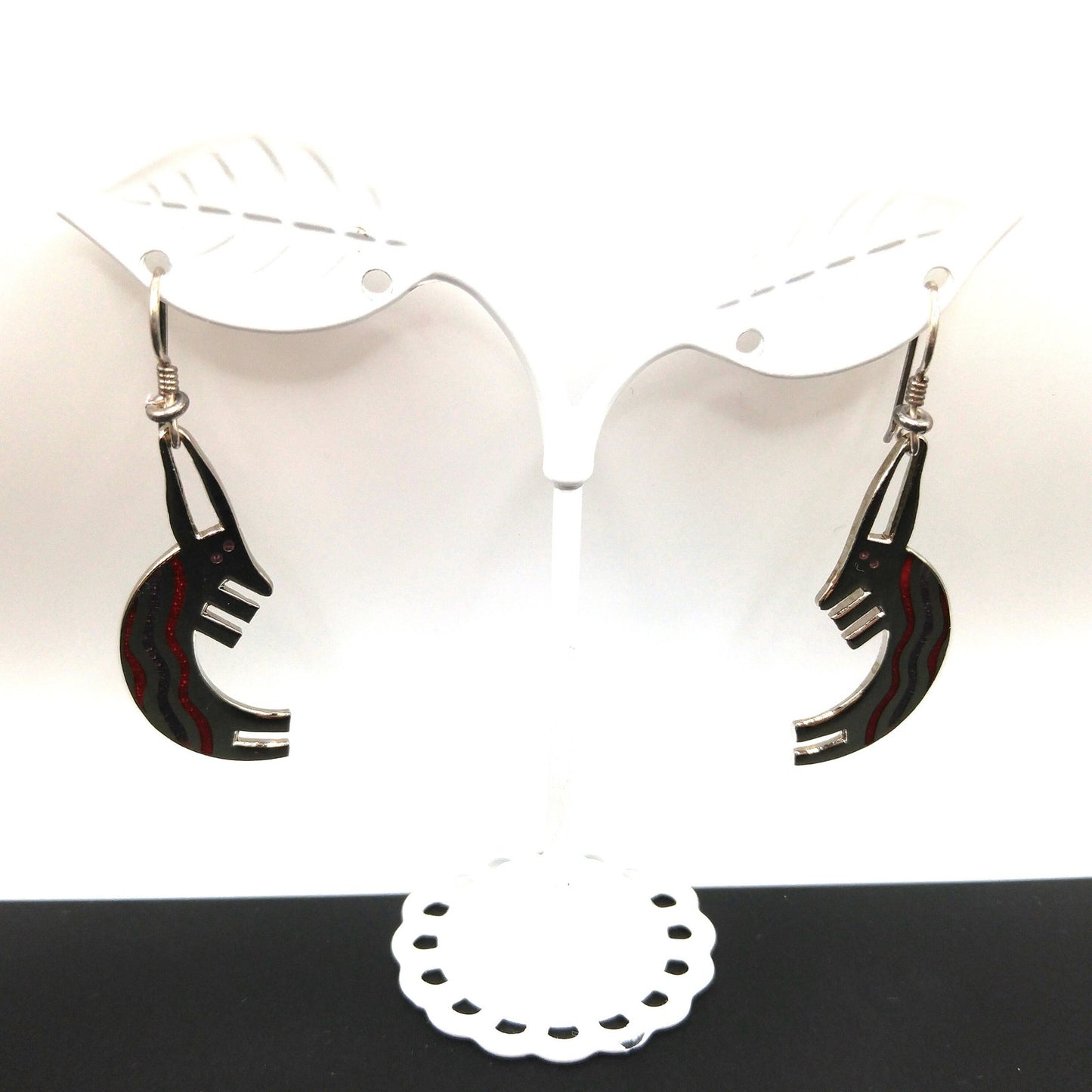 Laurel Burch "Conejo" Rabbit Dangle Earrings, Striped Red Purple Enamel, 1980s Vintage Jewelry